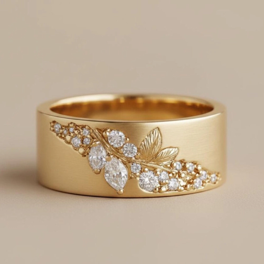 Women's Vintage Luxury Wide Band Ring with Leaf-Inlaid Synthetic Zircon April Birthstone