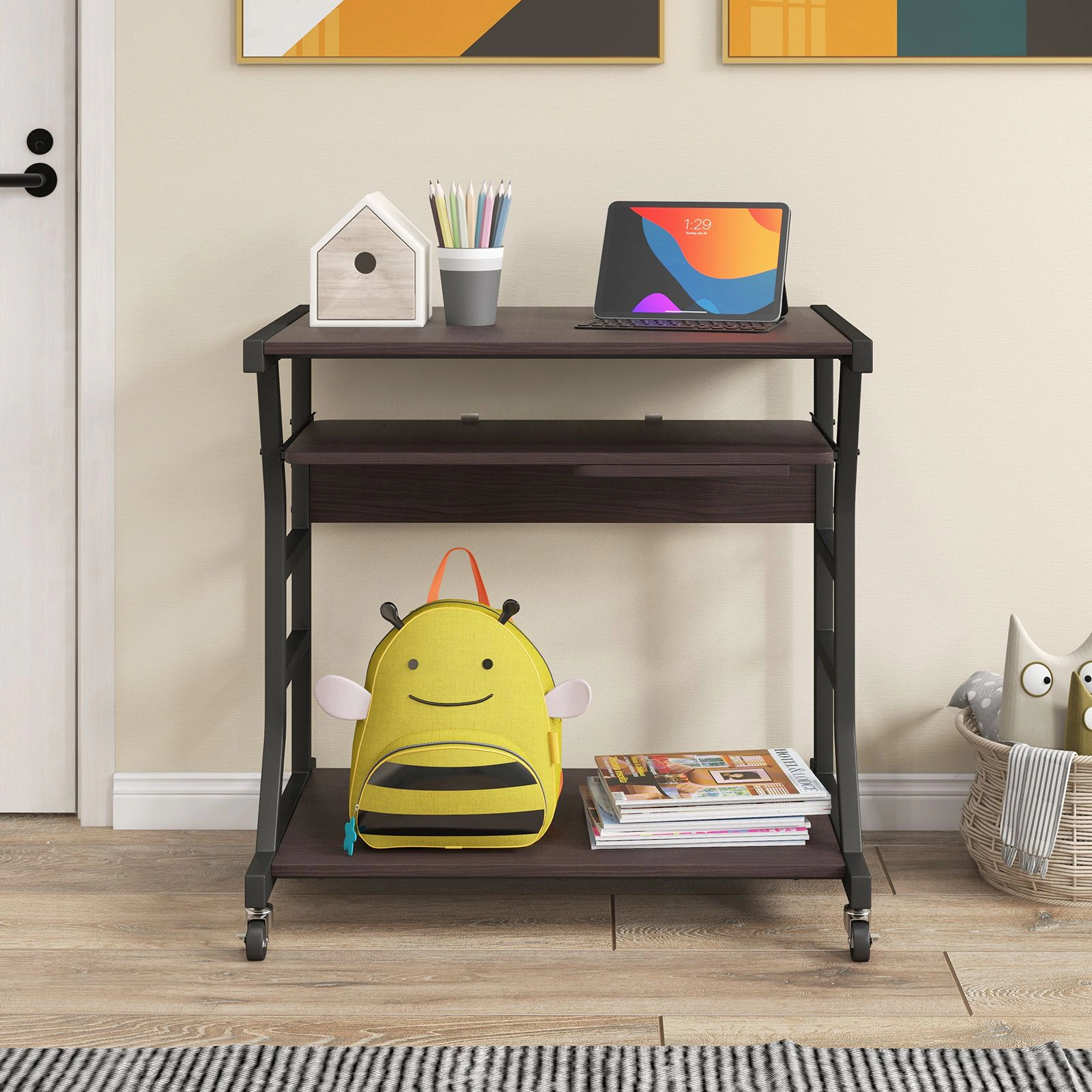 SlickBlue Small Rolling Computer Cart with Keyboard and Storage Shelf
