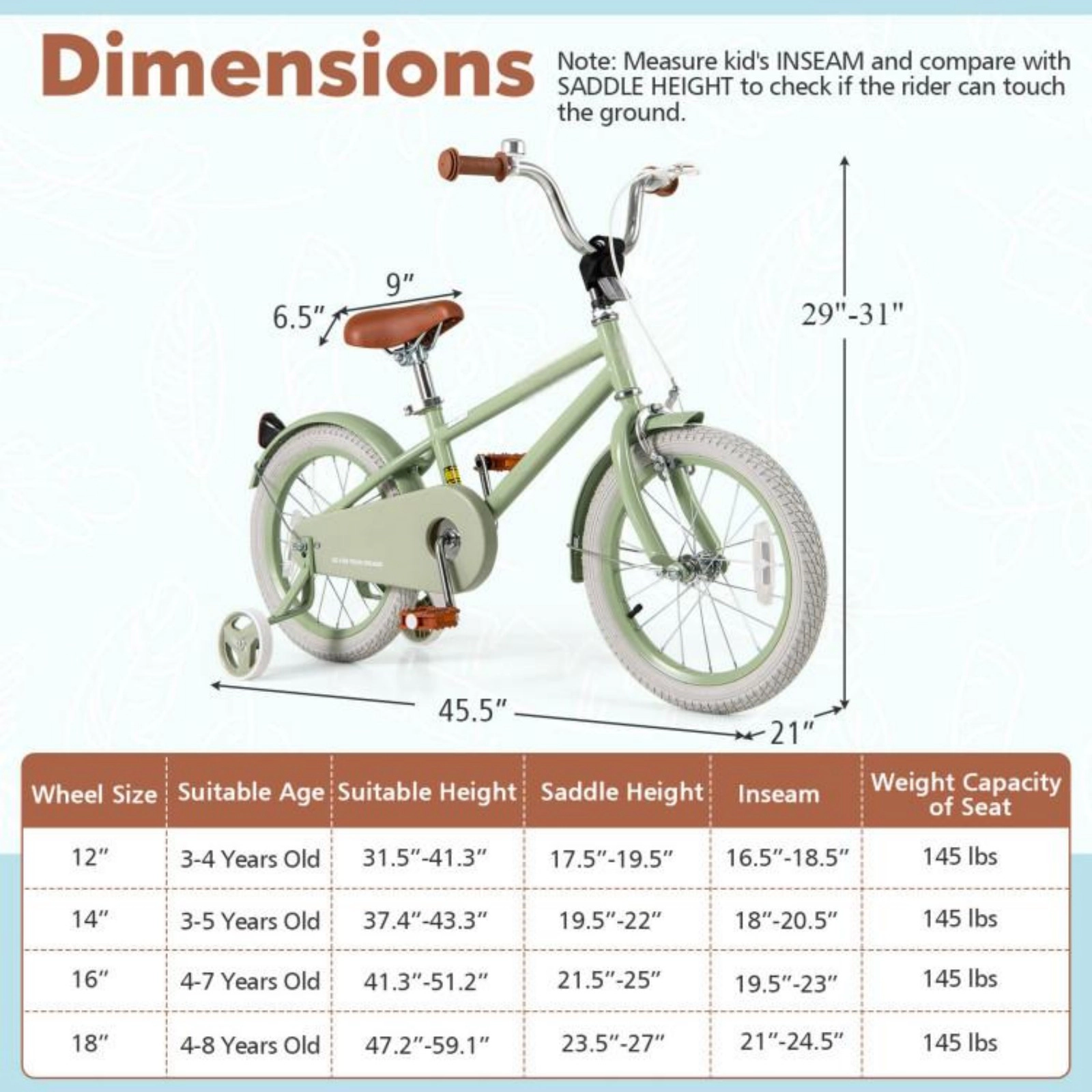 SUGIFT Green Adjustable Handlebar Saddle and Removable Training Wheels Kids Bike