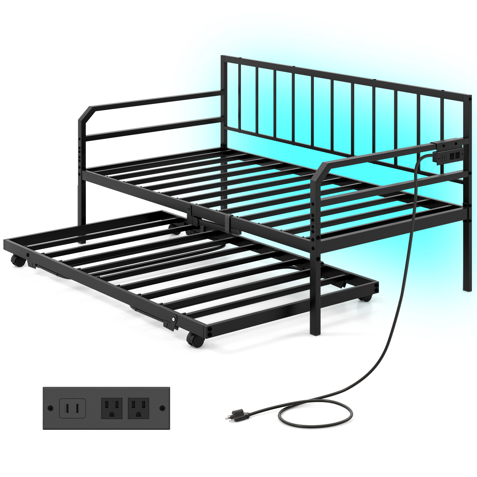 SUGIFT Adjustable Metal Twin Daybed Black with Pop Up Trundle Charging Station and LED