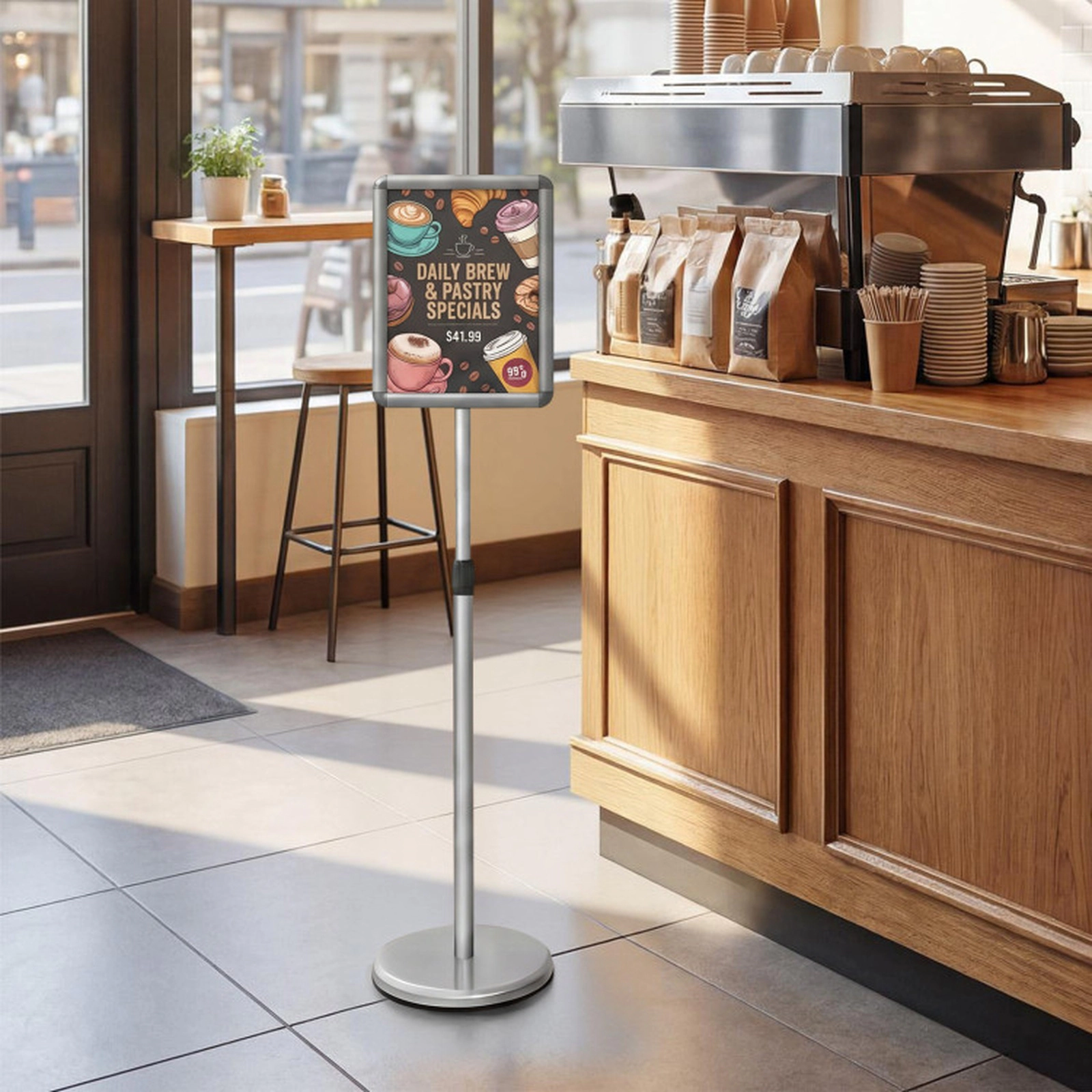 SUGIFT 8.5-in x 11-in Snap-Open Frame 360-Degree Rotating Floor Sign Holder Stand 32-in to 51.5-in Height Silver