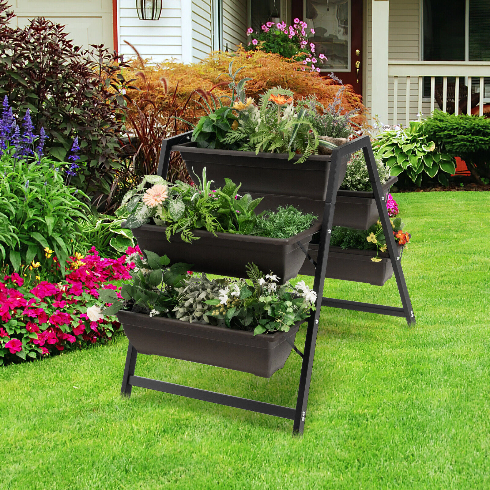 SUGIFT 3-Tier Black Vertical Raised Garden Bed with 5 Hanging Plant Boxes 25.5-in W 36-in D 31-in H 55-lb Per Box
