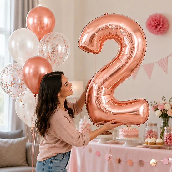 LoonBalloon Rose Gold Number 2 Foil Balloon Set, 34in Number 2 with 8 ...