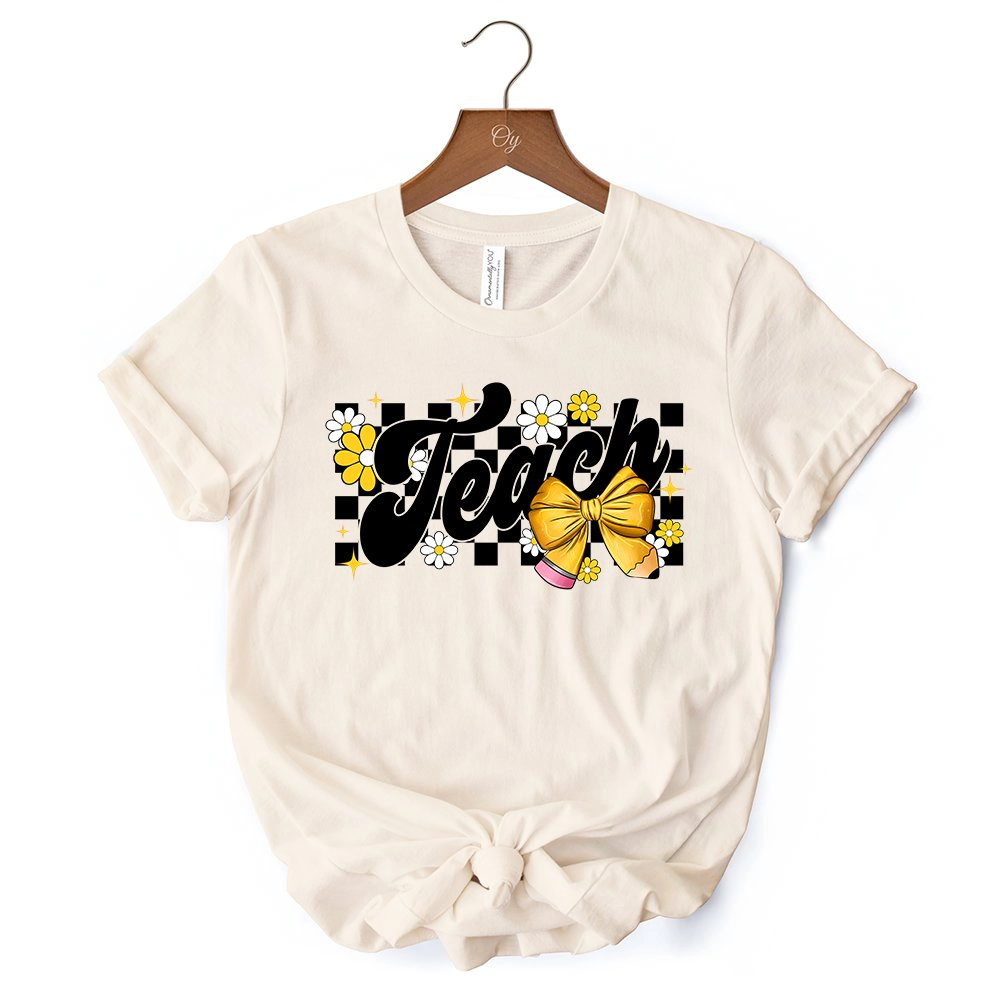 OrnamentallyYou Womens Teach Checkered Coquette Bow T-Shirt