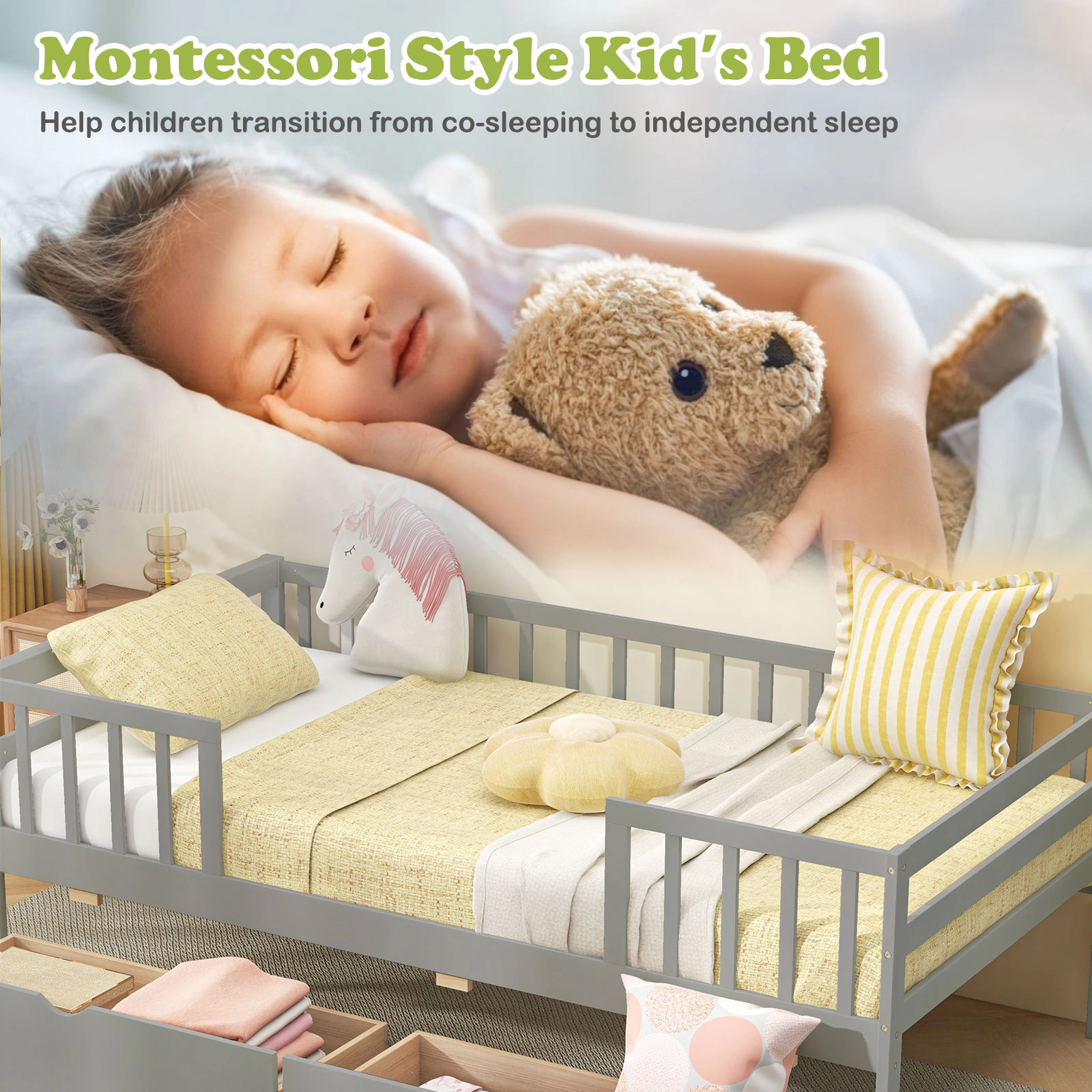 SUGIFT Gray Fence and 2 Storage Drawers for Boys and Girls Twin Kids Daybed