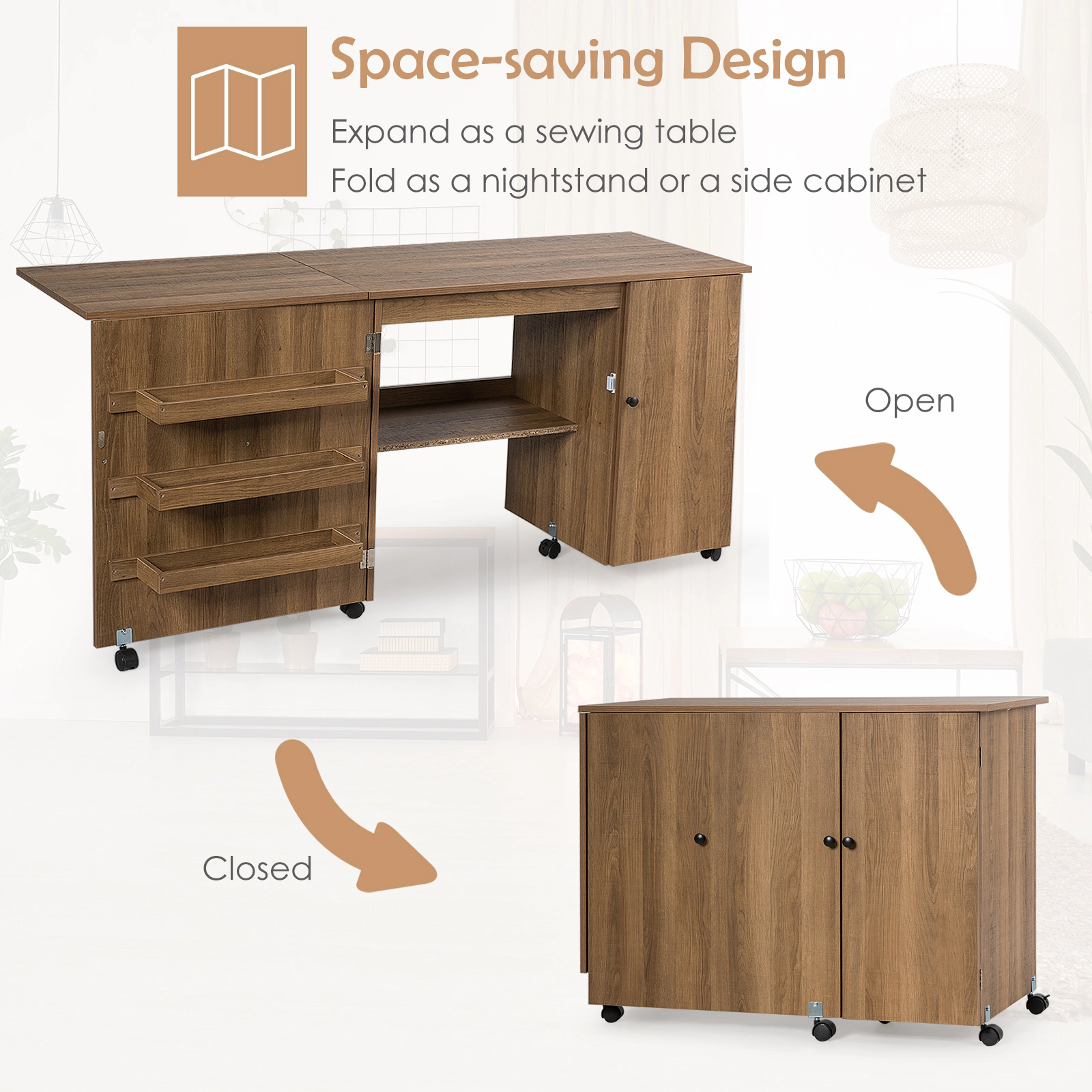 SUGIFT Folding Cabinet 3 Storage Bins Rolling Sewing Craft Table Desk 62.5-in x 20-in x 29-in Folds to 38.5-in Natural