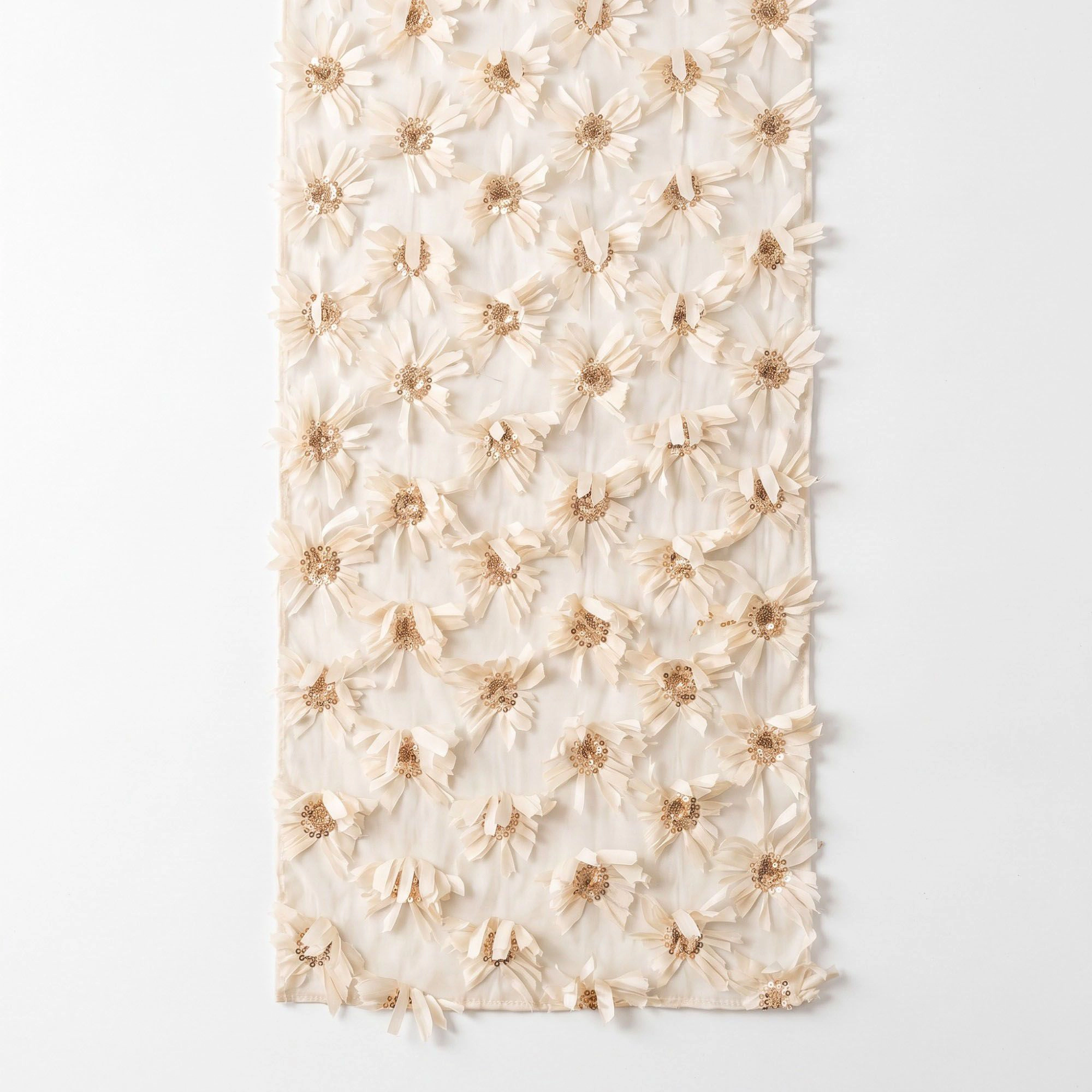 Alilang Unisex Beige 3D Floral Table Runner with Sequin Accents 13.8x47.2in
