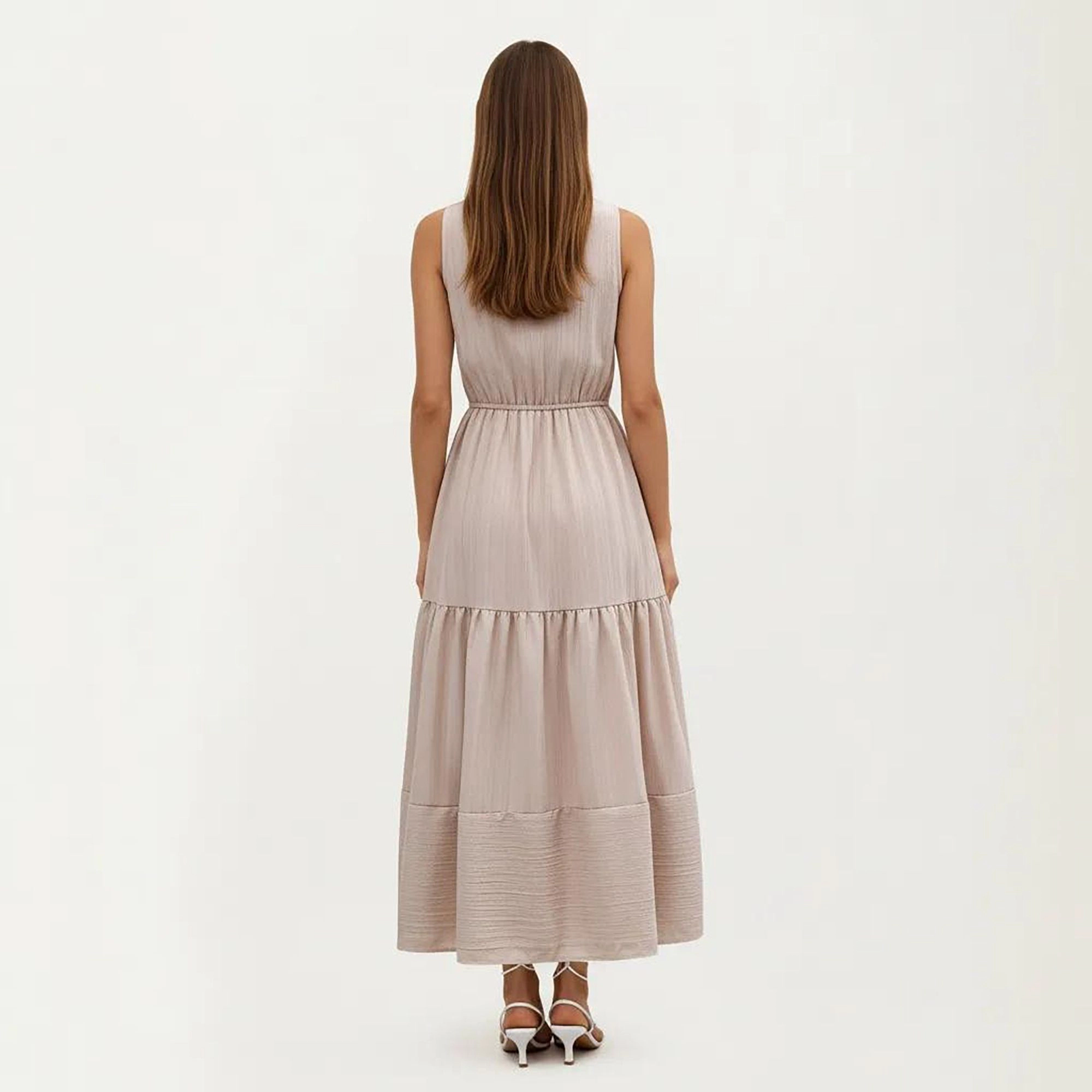Anna-Kaci Women's Sleeveless Tiered Button Front V-Neck Elastic Waist Maxi Dress