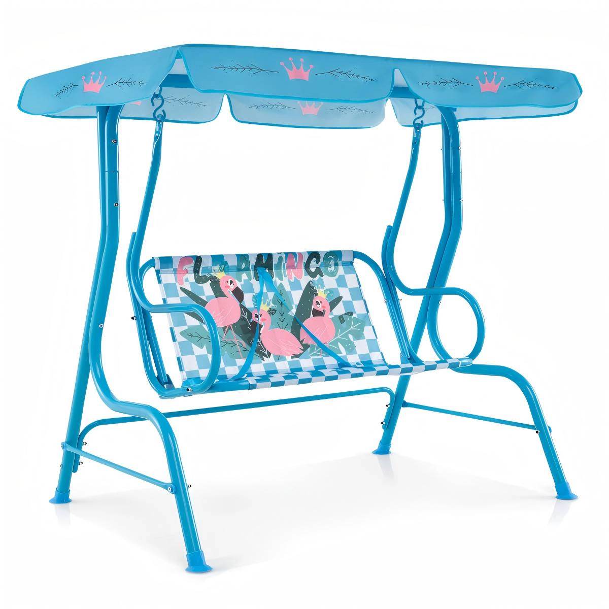 SUGIFT 2-Seat Kids Outdoor Swing with Metal Stand, Canopy and Safety Belts, Navy