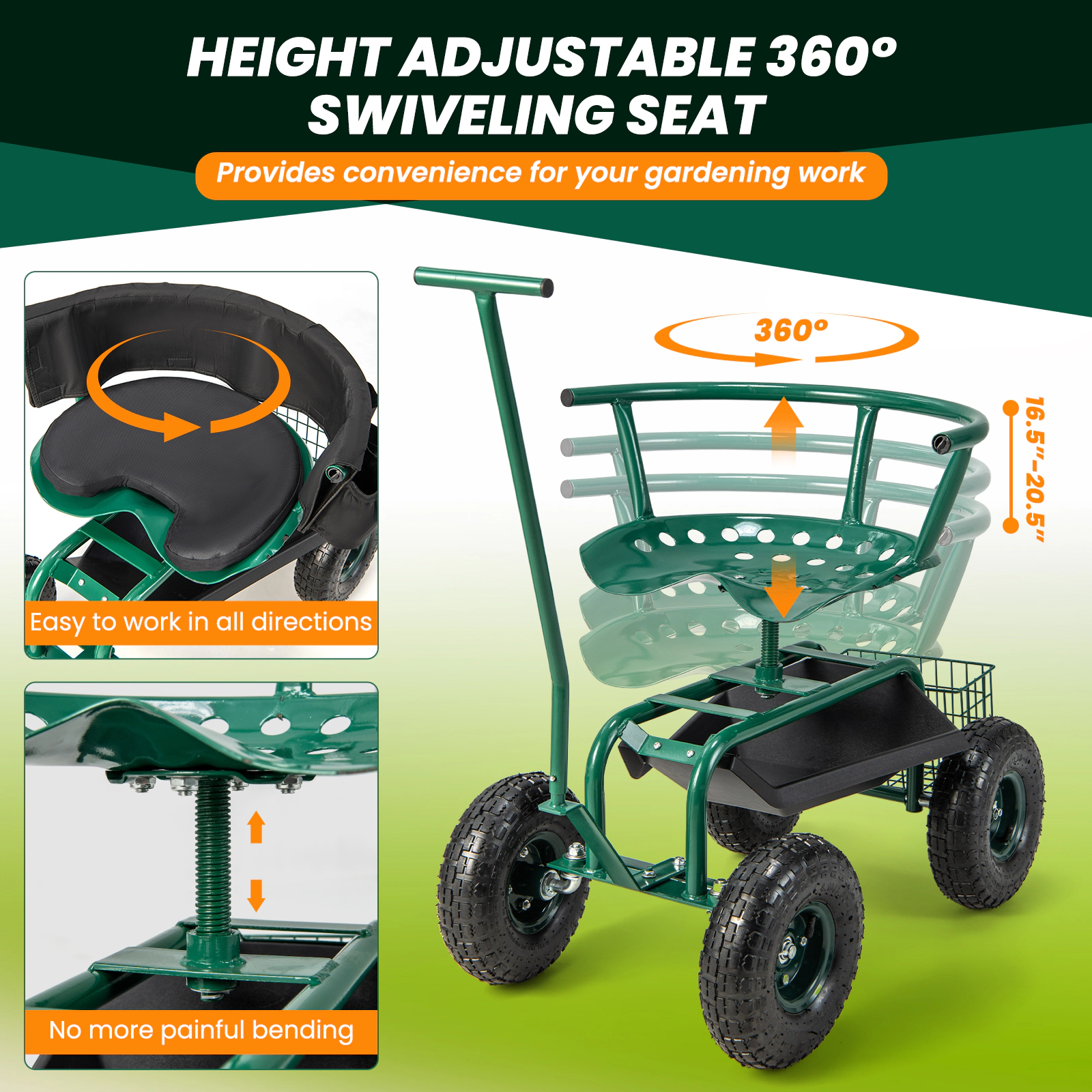 SUGIFT Green 330-lb Capacity Rolling Garden Cart with 360-Degree Swivel Seat Tool Tray and Basket