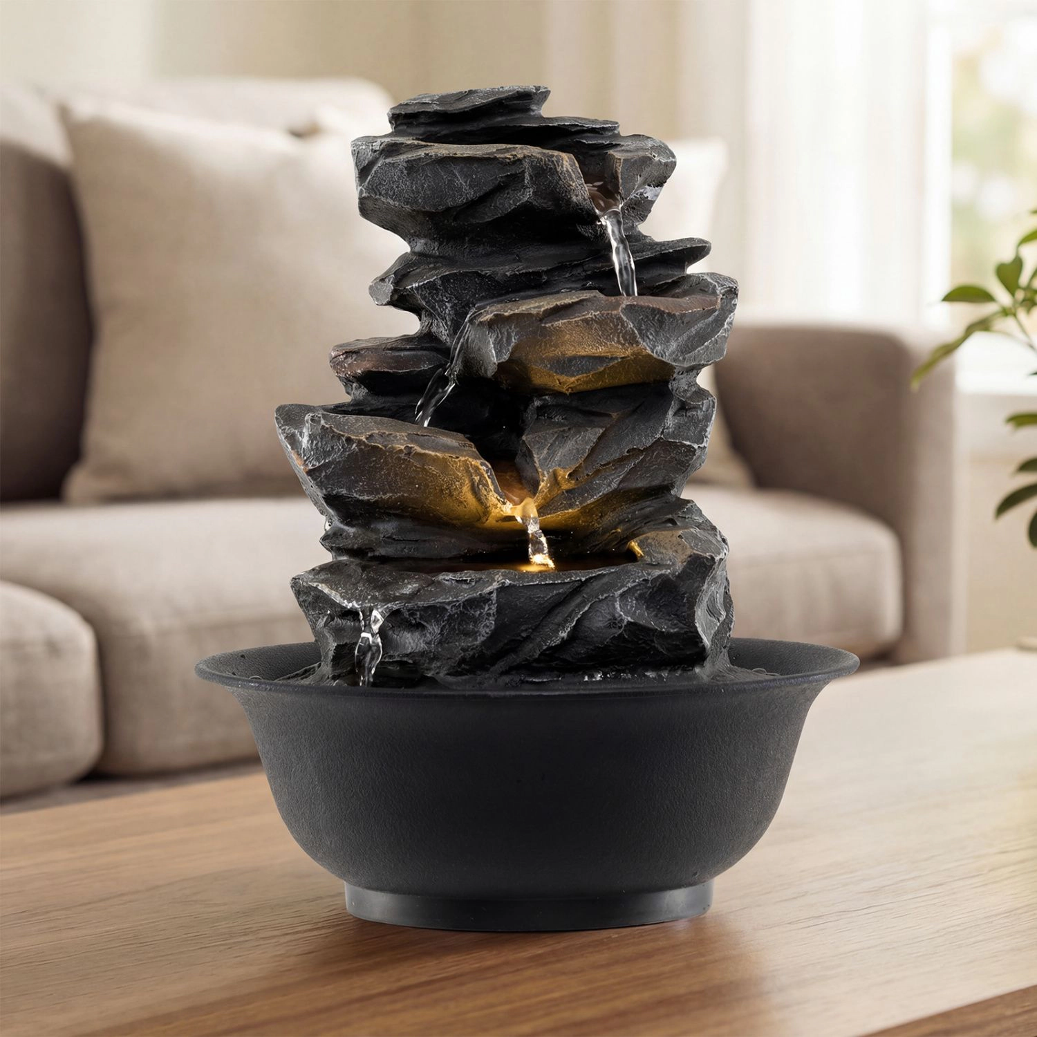 SlickBlue Black Indoor Water Fountain, Resin Cascade Design, LED Light, Quiet Pump, Compact Decor