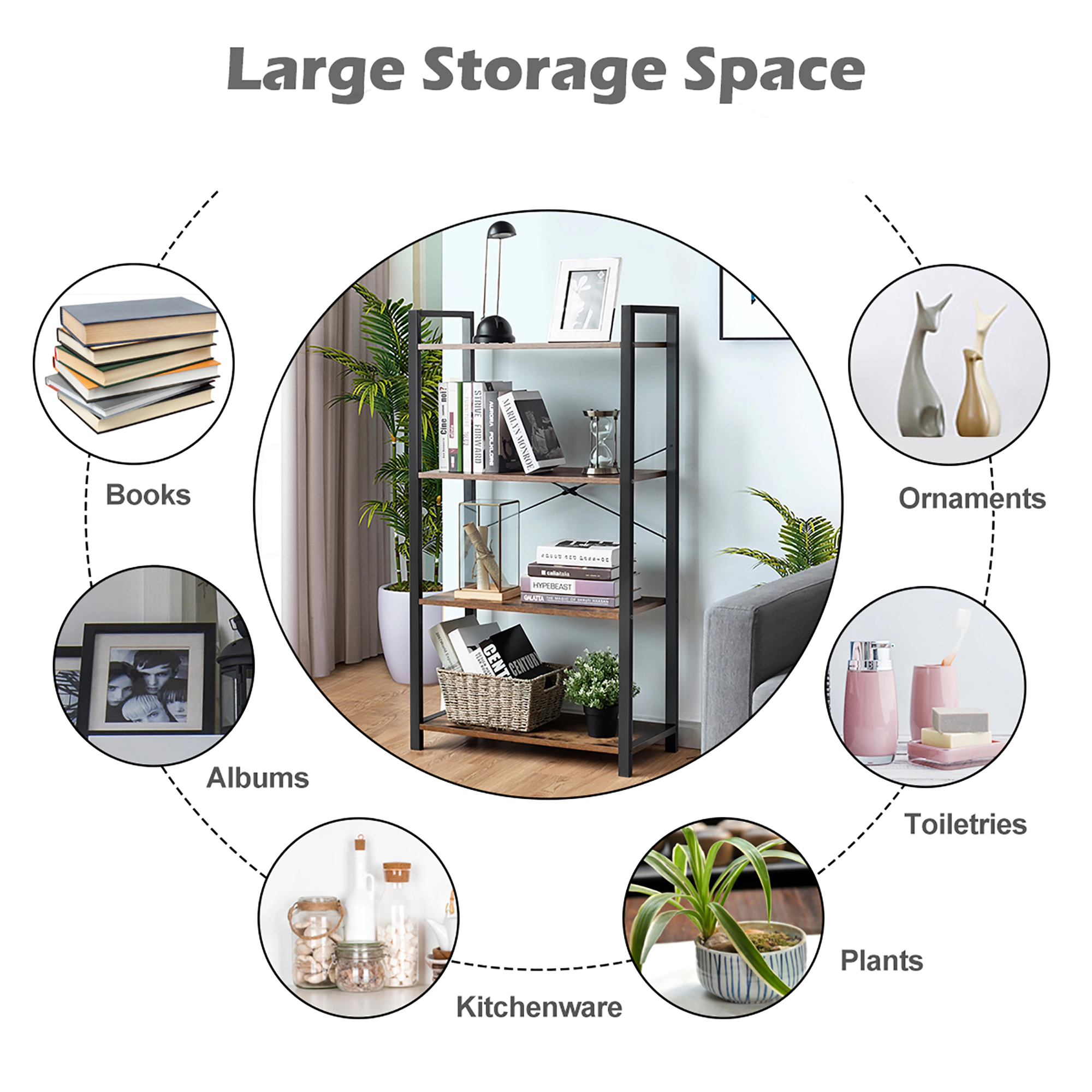 Costway 4-Tier Bookshelf Industrial Bookcase Diaplay Shelf Storage Rack Rustic Brown