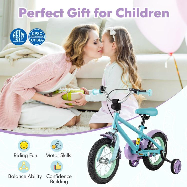 SUGIFT 12-Inch Purple and Blue Kids Bike, Enclosed Chain Guard, Training Wheels