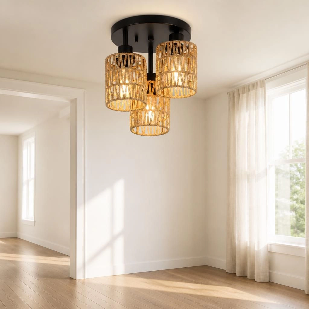 ELEMENT ACE Round Woven Rattan Metal Ceiling Light