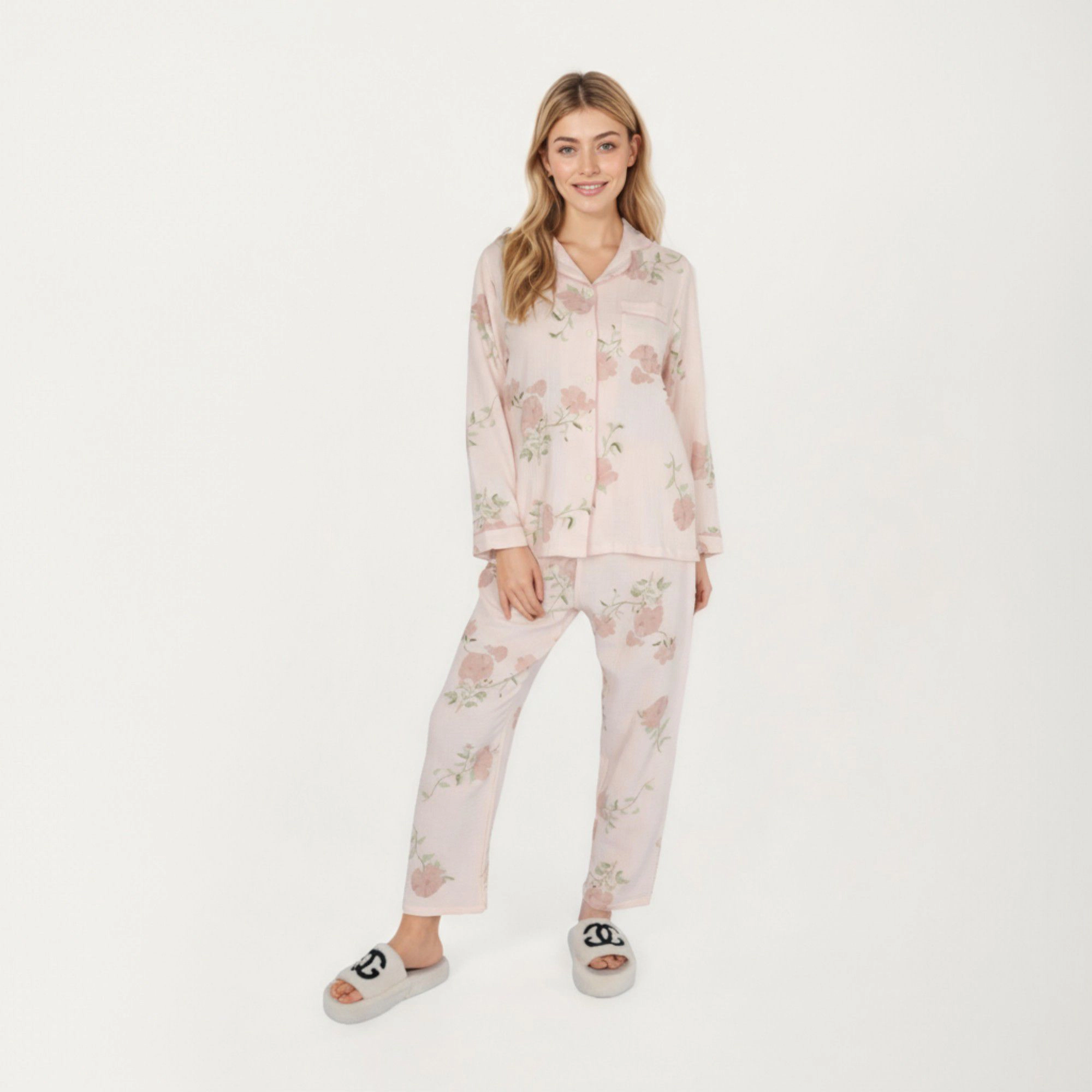 Anna-Kaci Women's 2-Piece Long Sleeve Button Front Pajama Top with Matching Relaxed Fit Pants Floral Print Sleepwear