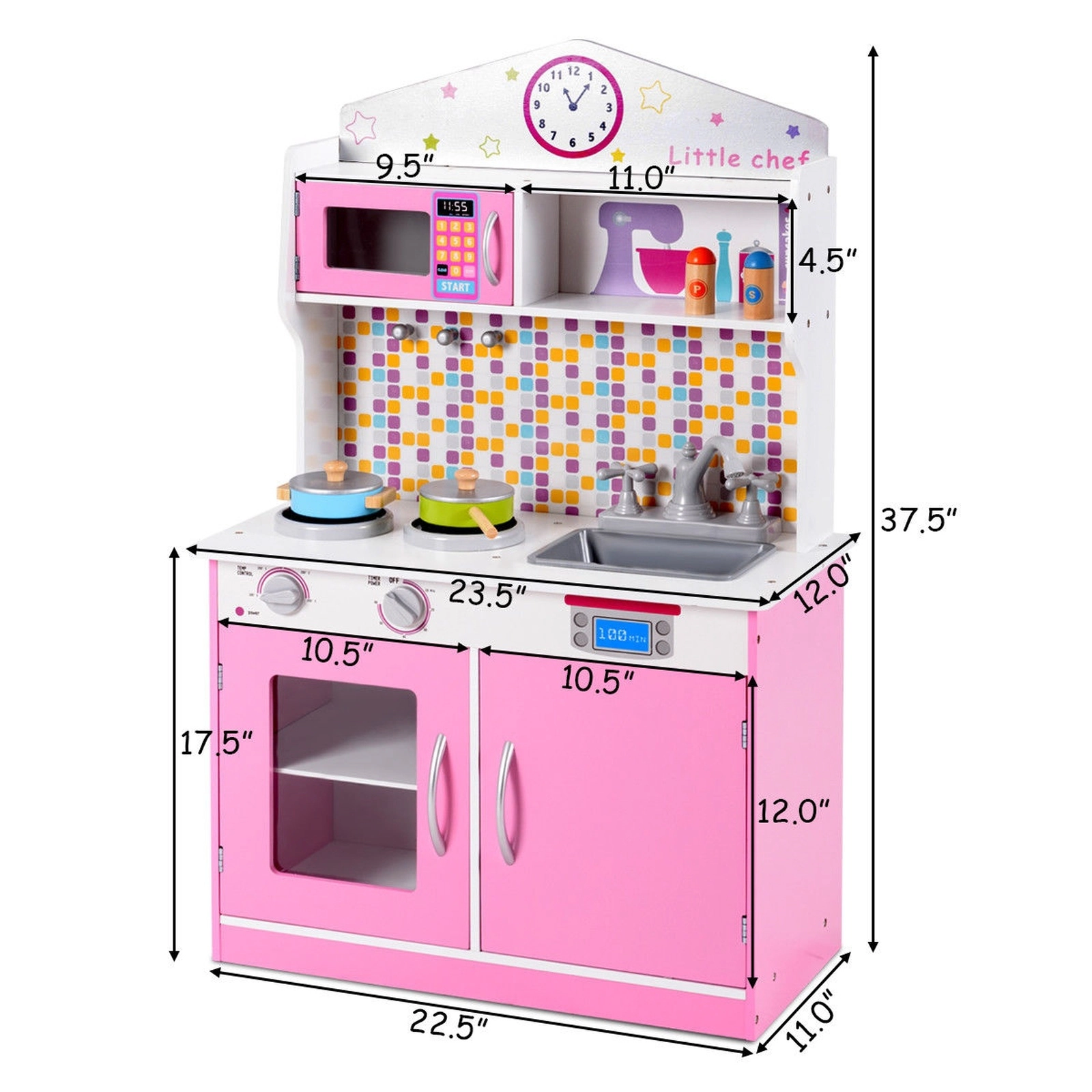 Kids Play Kitchen Playset Opening Cabinet Doors Working Knobs Cookware 23.6-in Compact Wooden Kitchen Set Ages 3-8 Pink