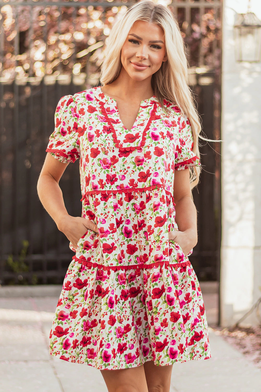 Threaded Pear Women's Ruby Floral Puff Sleeve Tiered Ric Rac Pocketed Mini Dress
