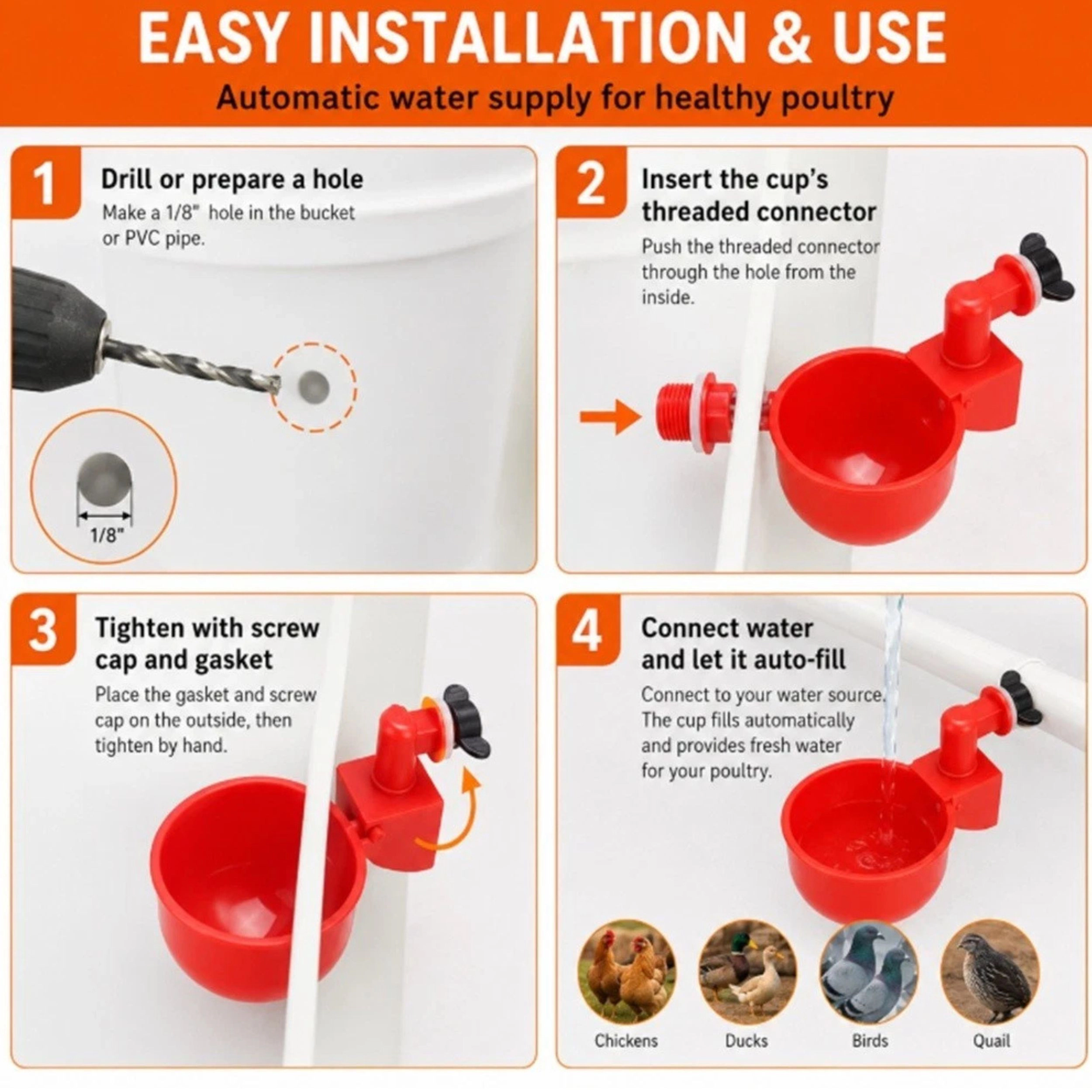 Home Collection Pack of 6 Automatic Chicken Waterer Cups for Poultry Coop Watering