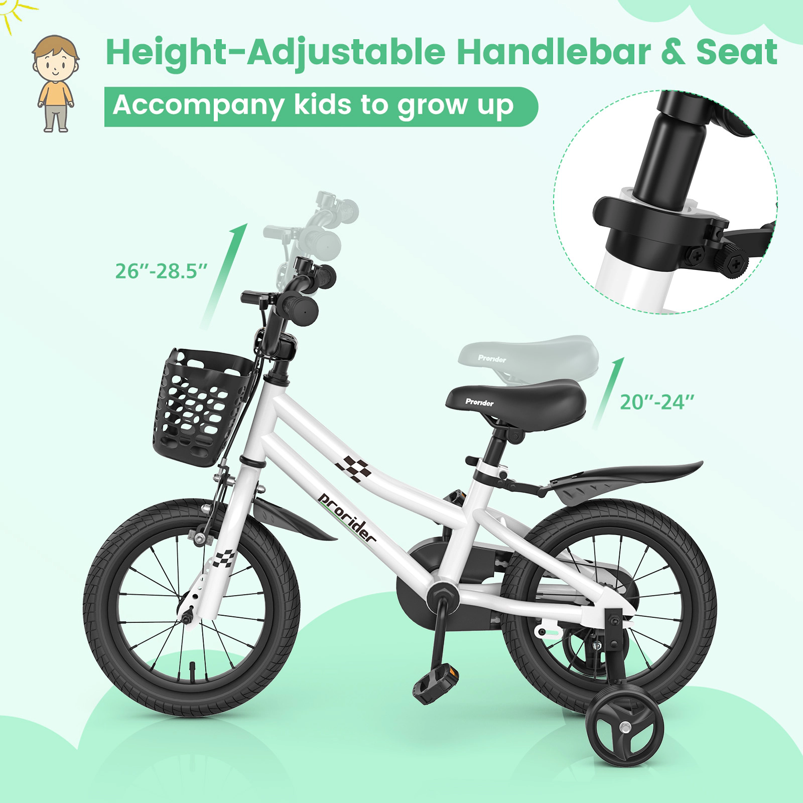 14-in Kids Bike 2 Training Wheels 5-Layer Pneumatic Tires Removable Basket Adjustable Saddle Ages 3-5 Black White
