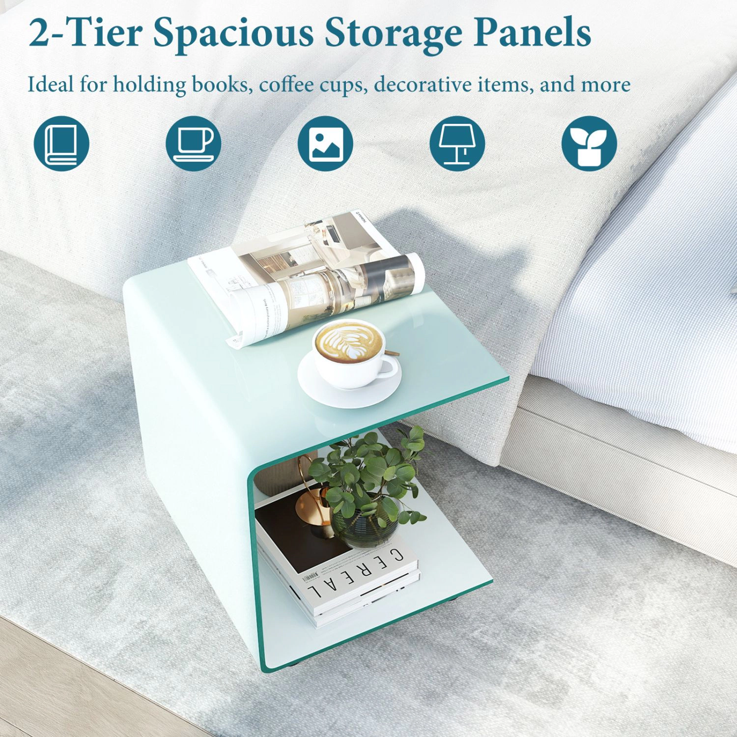 SlickBlue Mobile Side Table with Lockable Wheels, Glass Surface and Open Storage