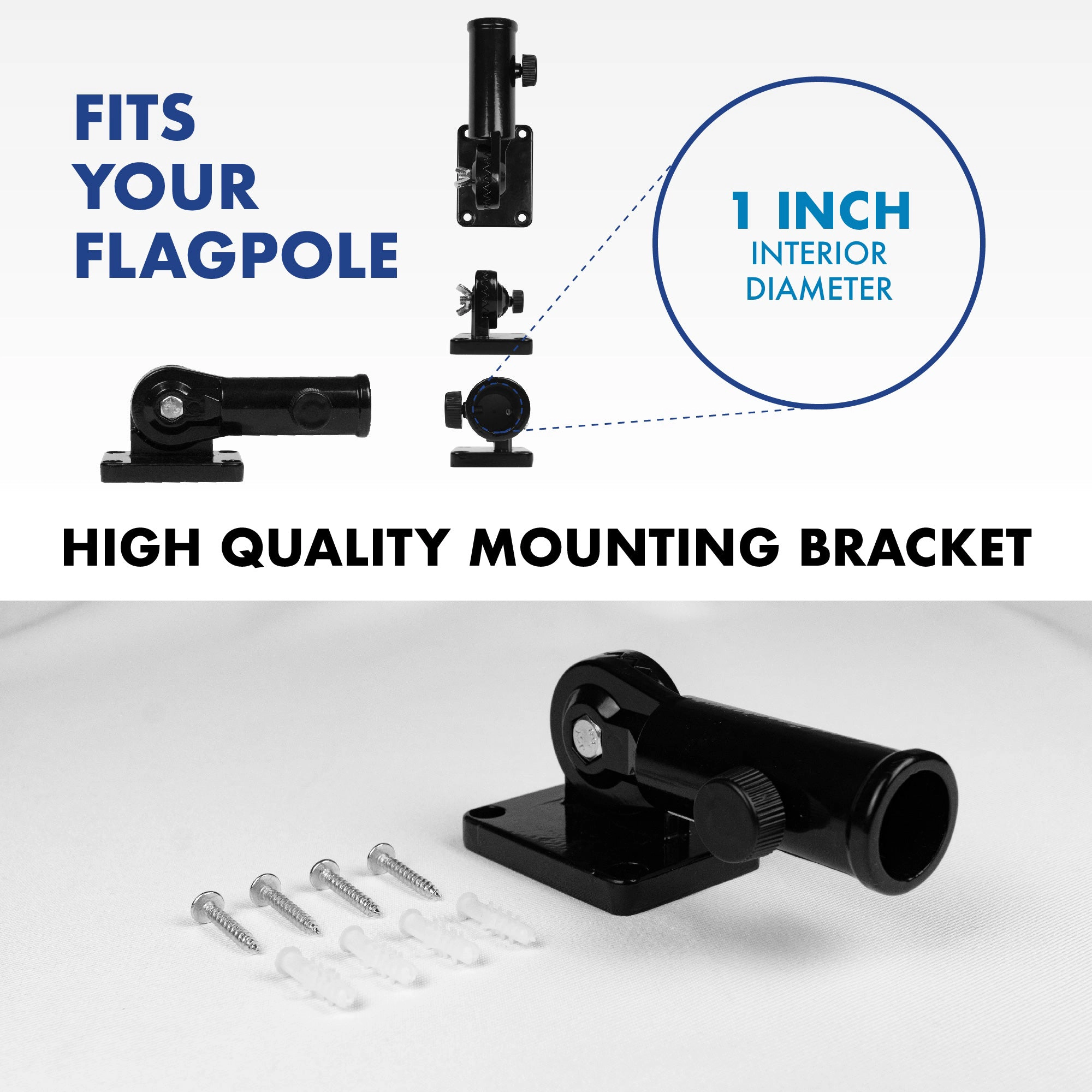 G128 Adjustable 11-Position Cast Aluminum Flag Pole Mounting Bracket - Fits 1 in Poles, Wall Mount (Black)