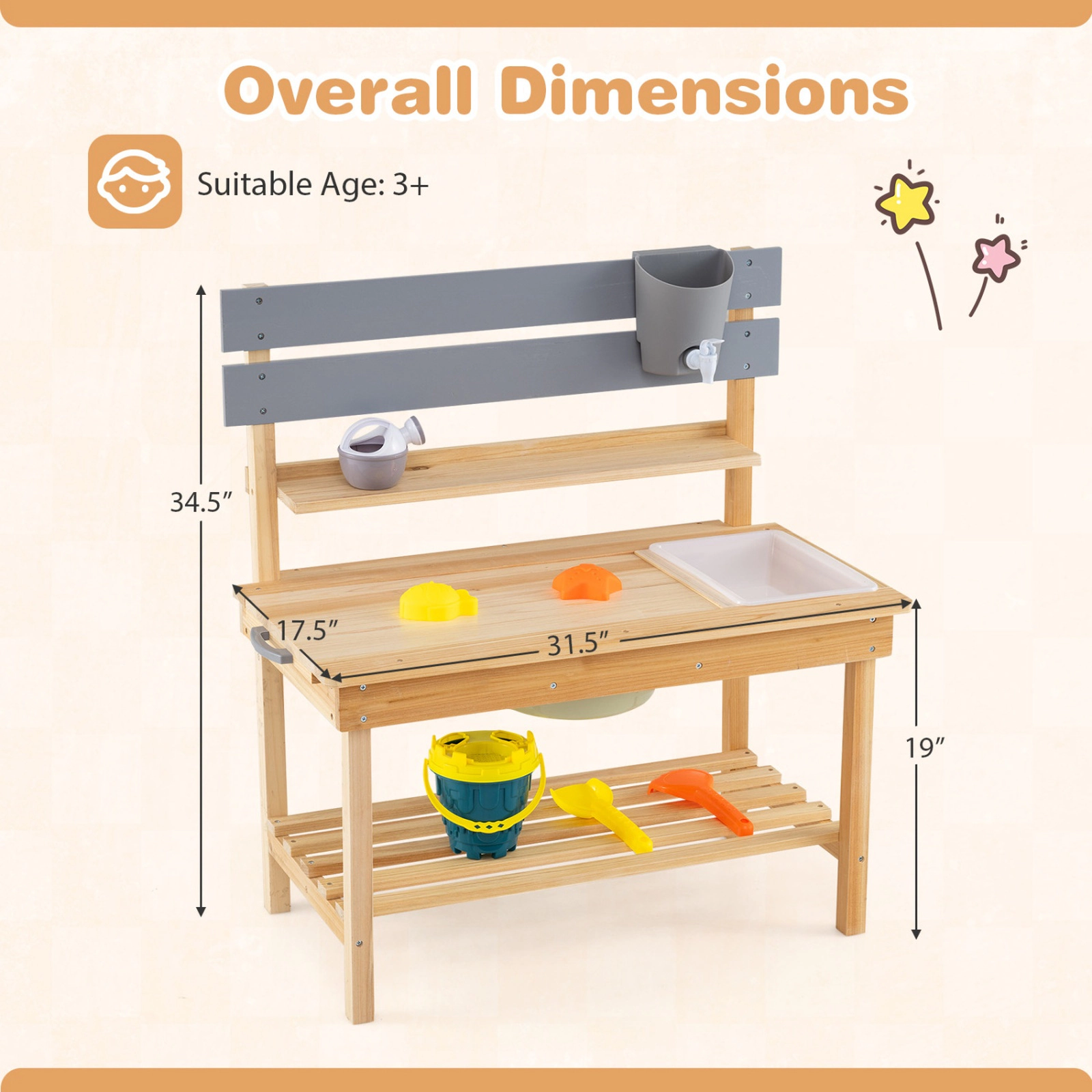 SUGIFT Outdoor Kids Mud Kitchen with Pull-Out Tabletop Water Basin and Storage Shelves Ages 3+ 31.5-in Tall Natural