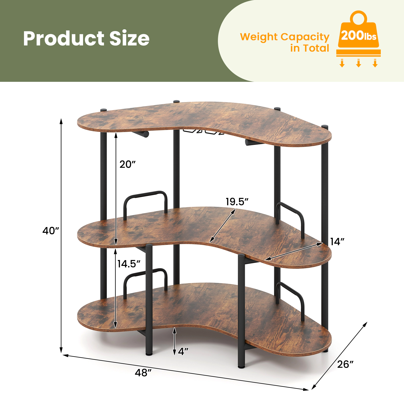 SUGIFT 3-Tier Liquor Bar Table Rustic Brown with Stemware Racks and Storage Shelves