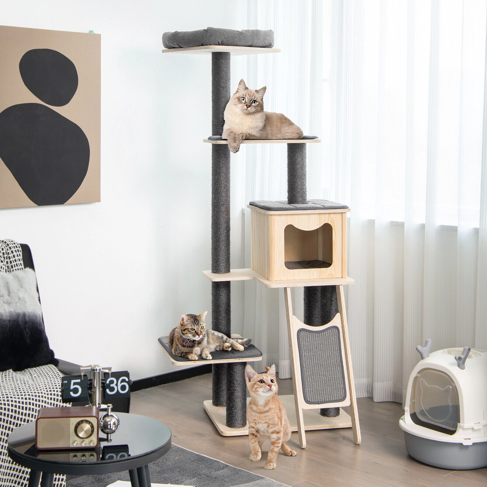 SUGIFT 69 in Wood Cat Tower Gray 5-Tier with Washable Cushions and Sisal Posts