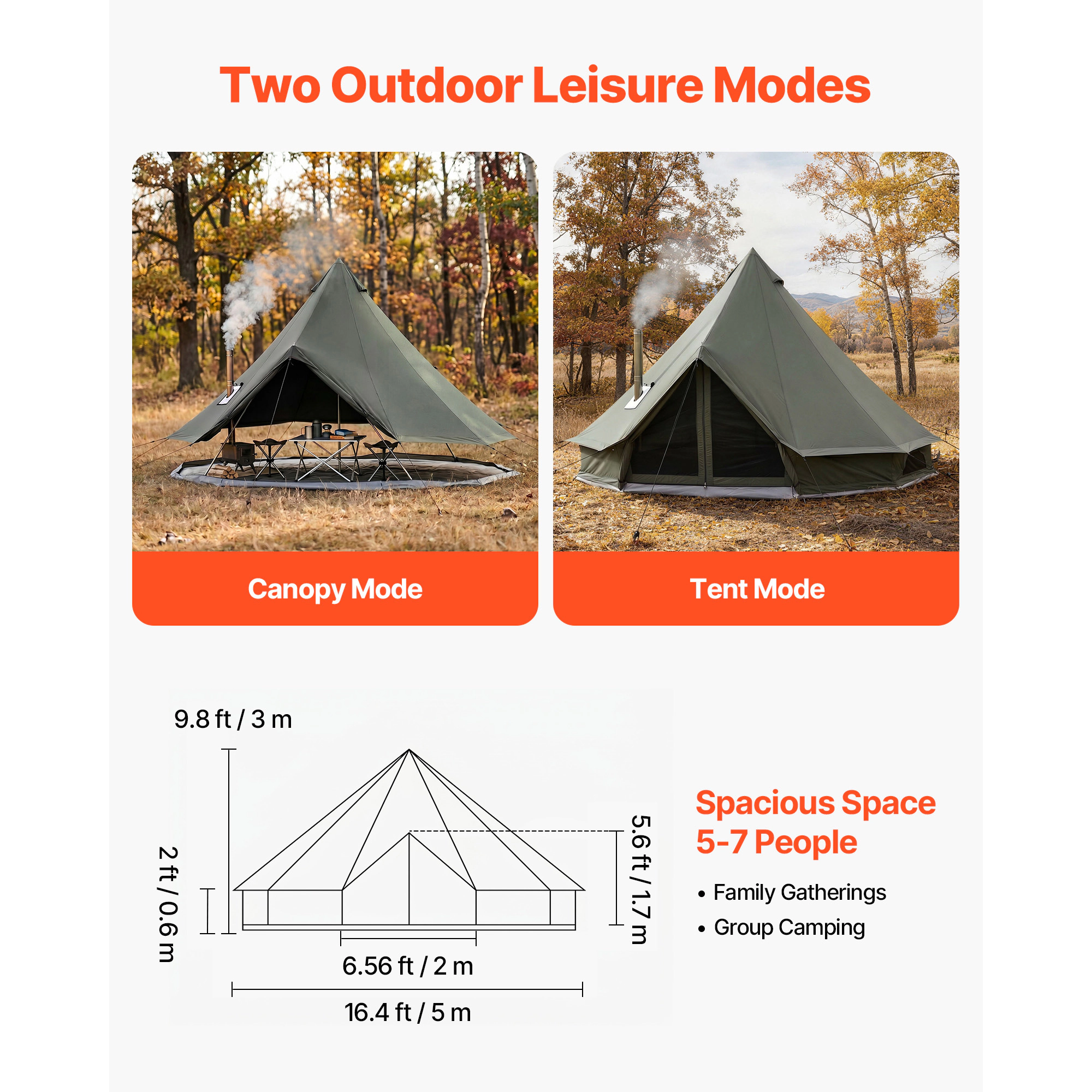 HONGGE Canvas Bell Tent 4 Seasons Yurt Tent for Camping with Stove Jack Canvas Breathable Holds with Zipped Detachable