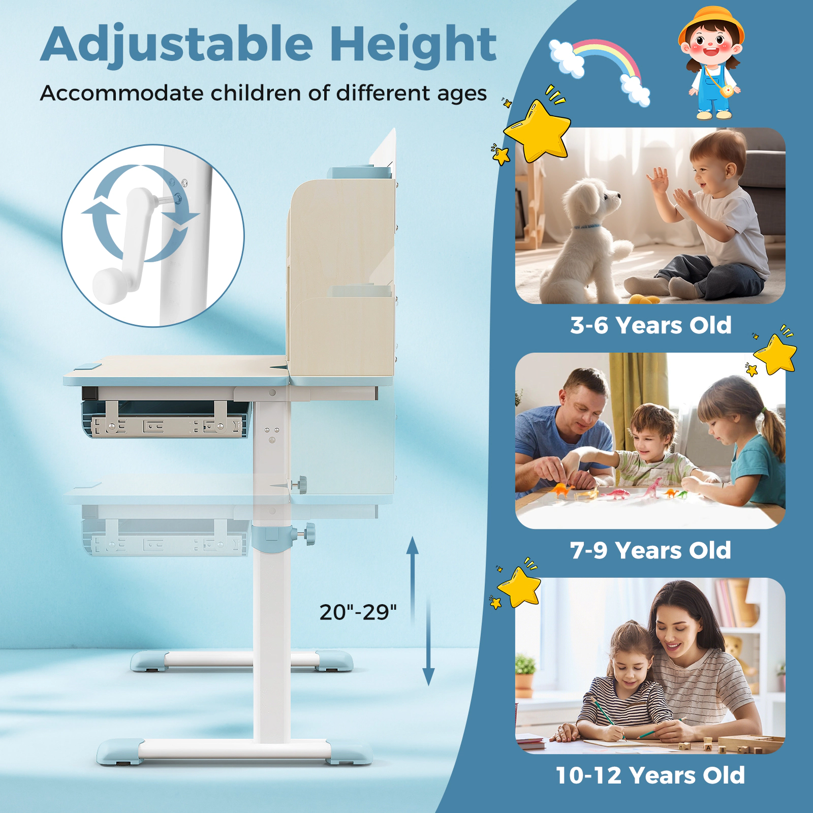 SUGIFT 7-Level Tilt Desktop and Hutch for Ages 3-12 Height Adjustable Kids Study Desk