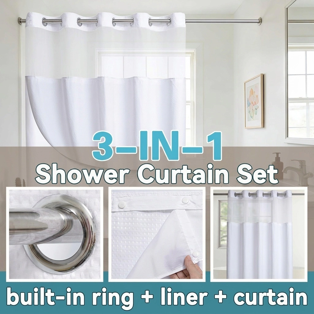 WZK Extra Long Waffle Weave Snap In Liner Set Hotel Luxury Waterproof Washable Shower Curtain