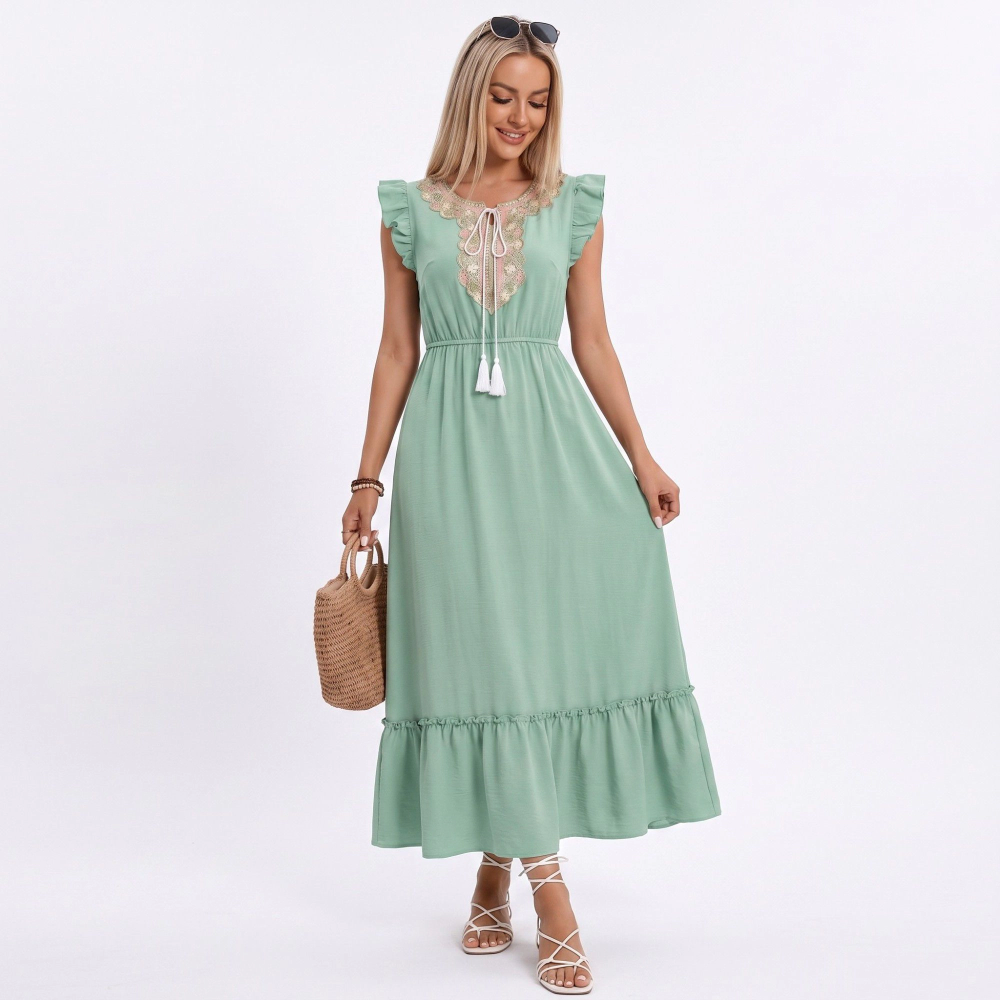 Anna-Kaci Women's Lace Trim Ruffle Sleeve Tie Neck Tiered Hem Midi Dress