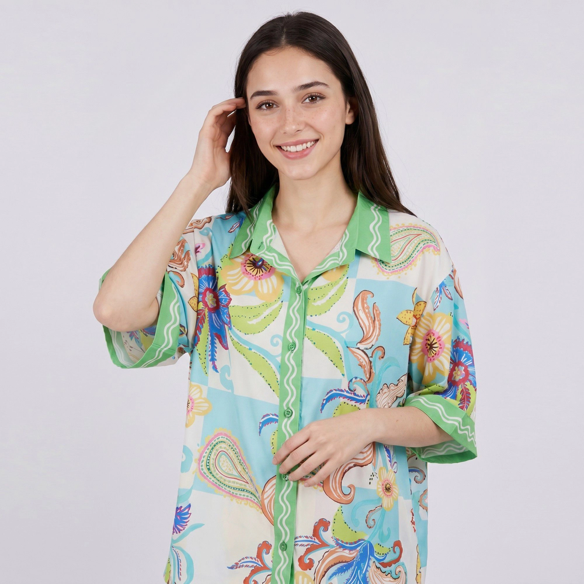 Anna-Kaci Women's 2-Piece Paisley Floral Pajama Set with Short Sleeve Button Top and Wide Leg Pants