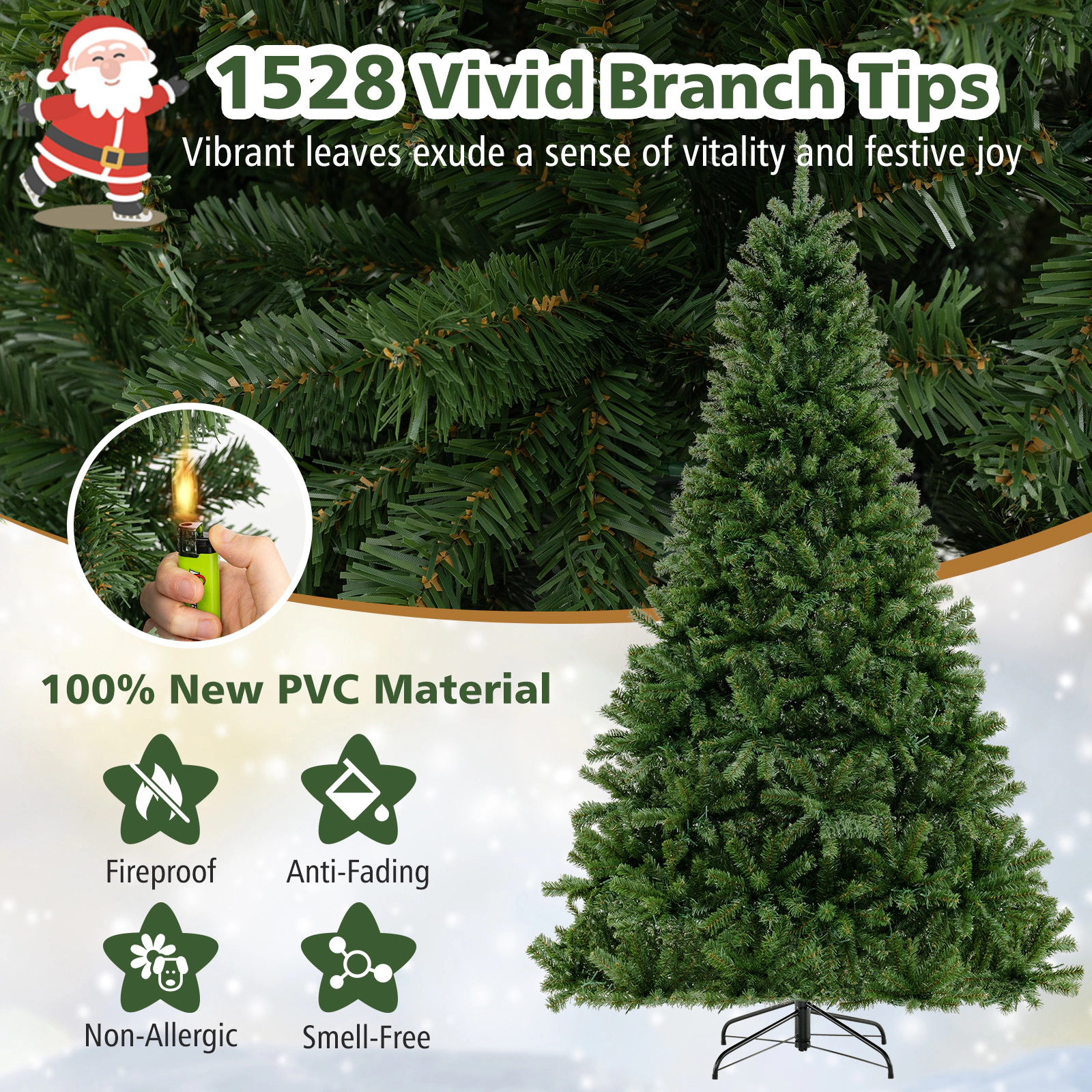 Costway 6/7/8 FT Pre-Lit Artificial Christmas Tree with 680/1098/1528 Branch Tips 700/1000/1200 Warm LED Lights 3 Lighti