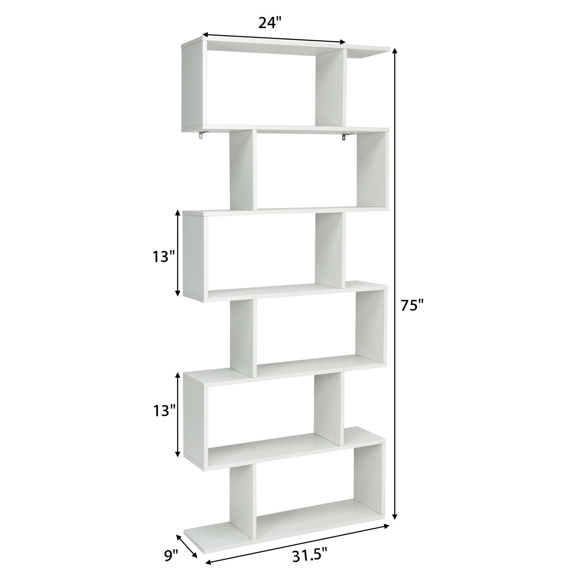 Costway 2 PCS 6 Tier S-Shaped Bookshelf Storage Display Bookcase Z-Shelf White