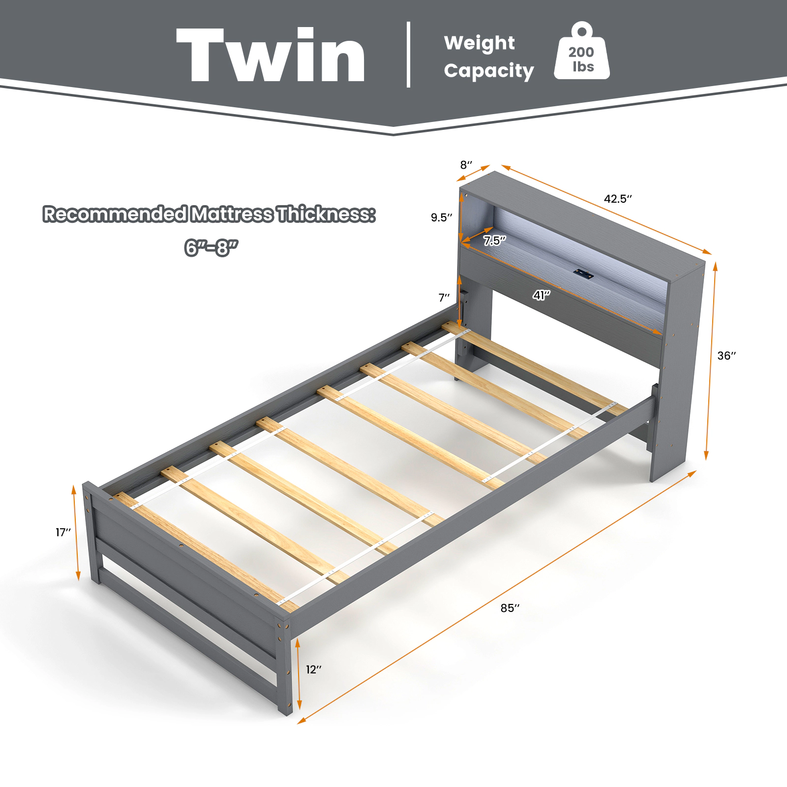 SUGIFT Gray Storage Headboard LED Light and Charging Station Twin Size Wooden Bed Frame