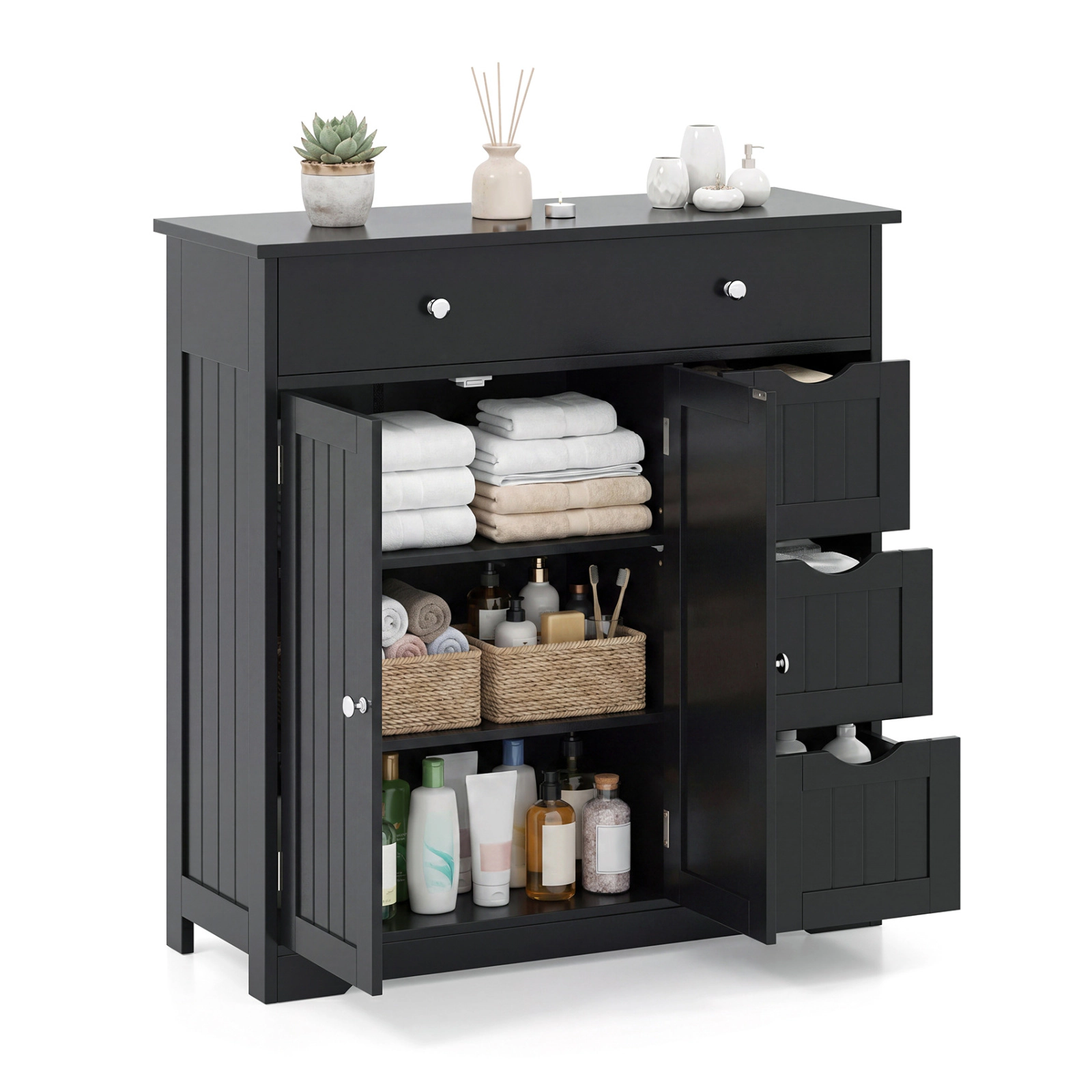 Glintex Wide Bathroom Cabinet with 4 Drawers 2 Doors and 320-Lb Capacity