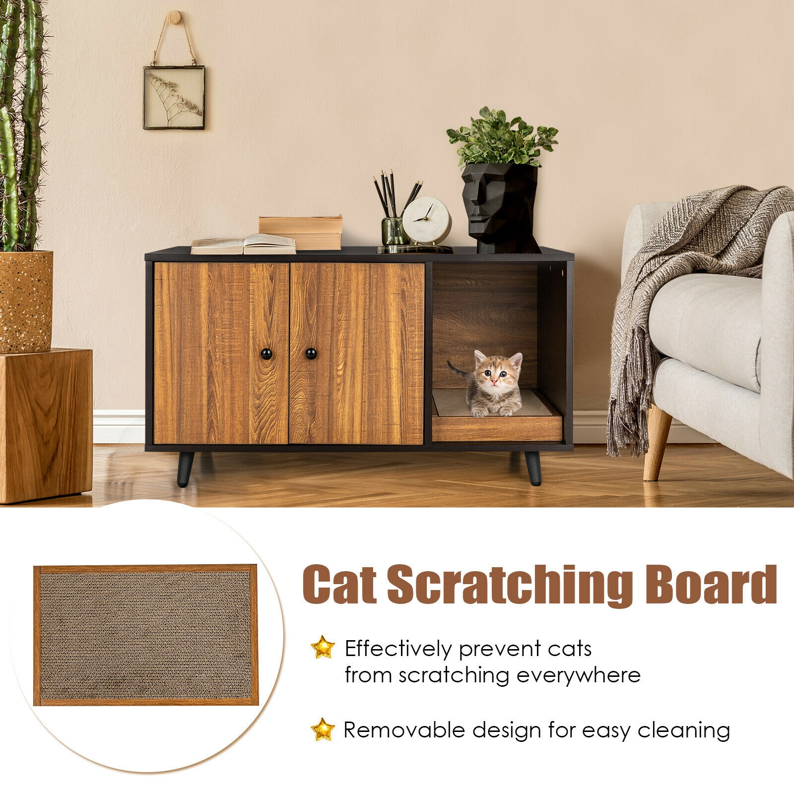 SUGIFT Brown Cat Litter Box Enclosure with Divider and Cat Scratcher 20-in W 20-in D 35.5-in H 192-lb Top Capacity