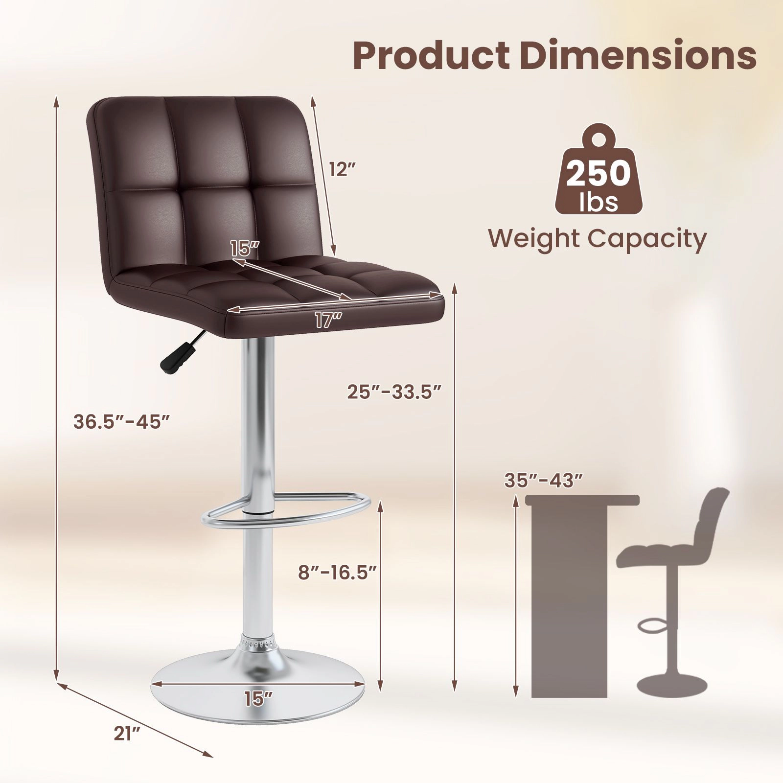 SlickBlue Modern Counter Height Bar Stools 360° Swivel Adjustable Kitchen Chairs