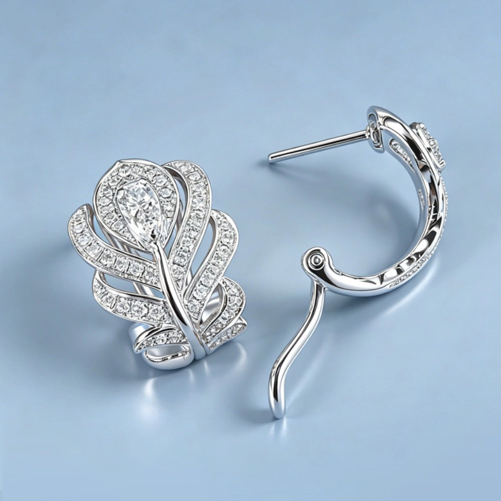 Wardrobe Whimsy Feather Hoop Earrings Paved Cubic Zirconia Elegant Drop Earrings for Women