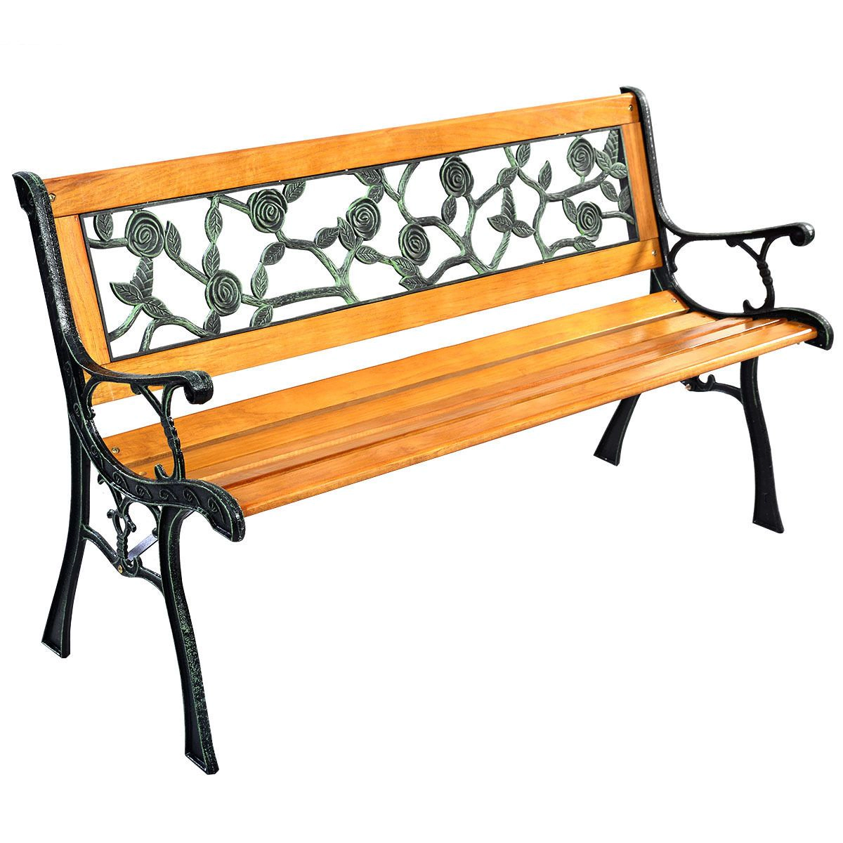 SlickBlue 3 Person Outdoor Bench with Cast Iron Frame and Wood Slat Seat