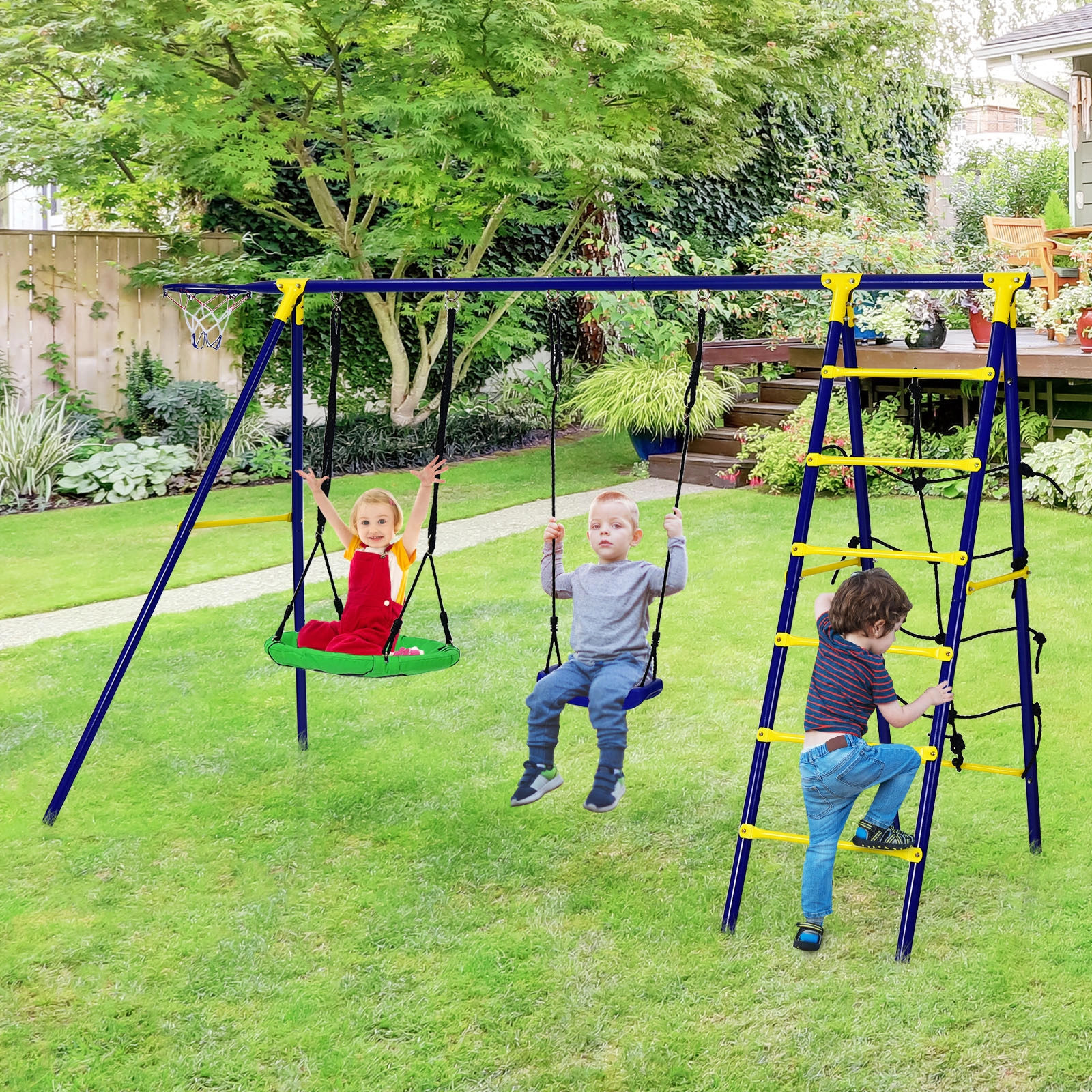 SUGIFT Kids Blue 5-in-1 Metal Swing Set with Basketball Hoop and Climbing Net 116-in W 69.5-in H 166-lb Per Seat