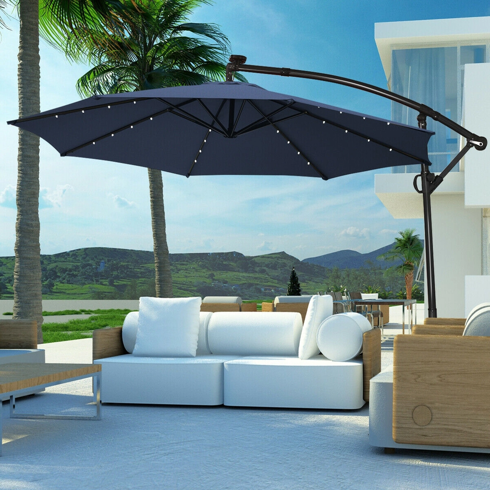 SUGIFT 10-ft 360° Rotation Solar Powered LED Patio Offset Umbrella with 32 Lights and Cross Base Navy Blue