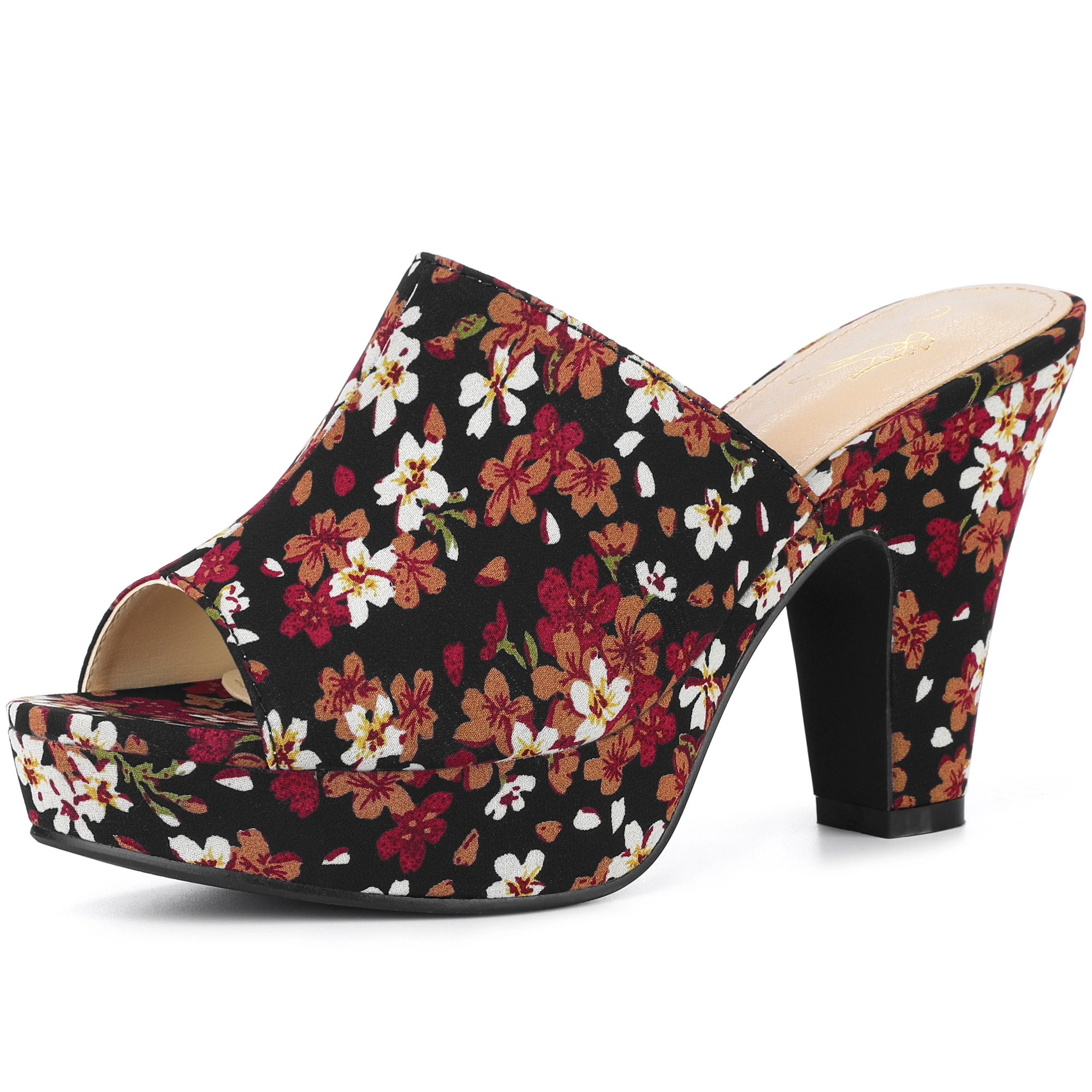BLISSFUL STEP Women's Floral Open Toe Chunky Heel Platform Slip On Slides Sandals