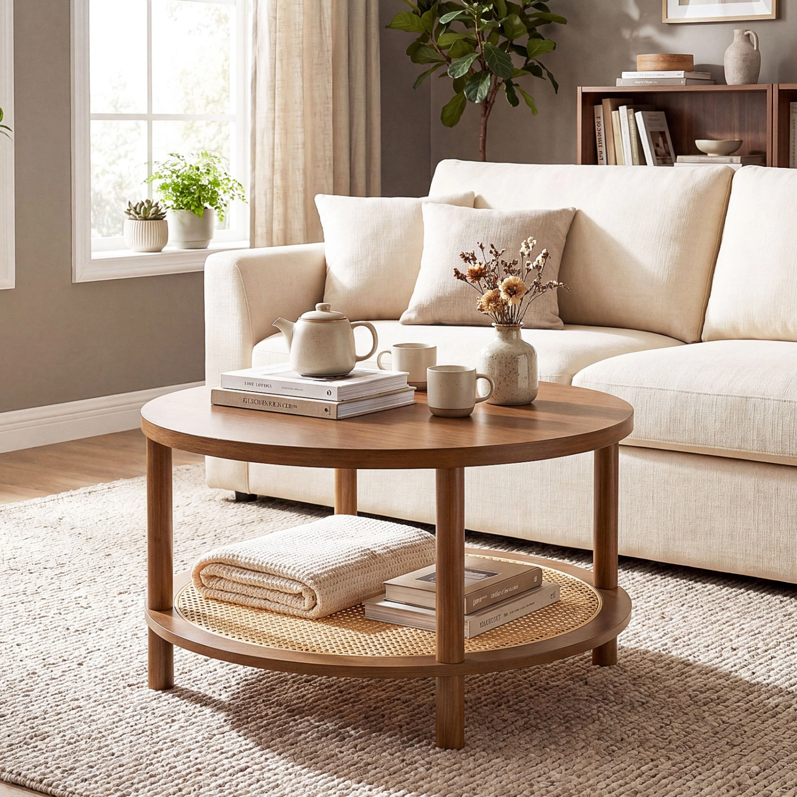 SUGIFT 2-Tier Round Wood Veneer Top PE Rattan Shelf Coffee Table 31.5-in x 31.5-in x 18-in 220-lb Capacity Walnut