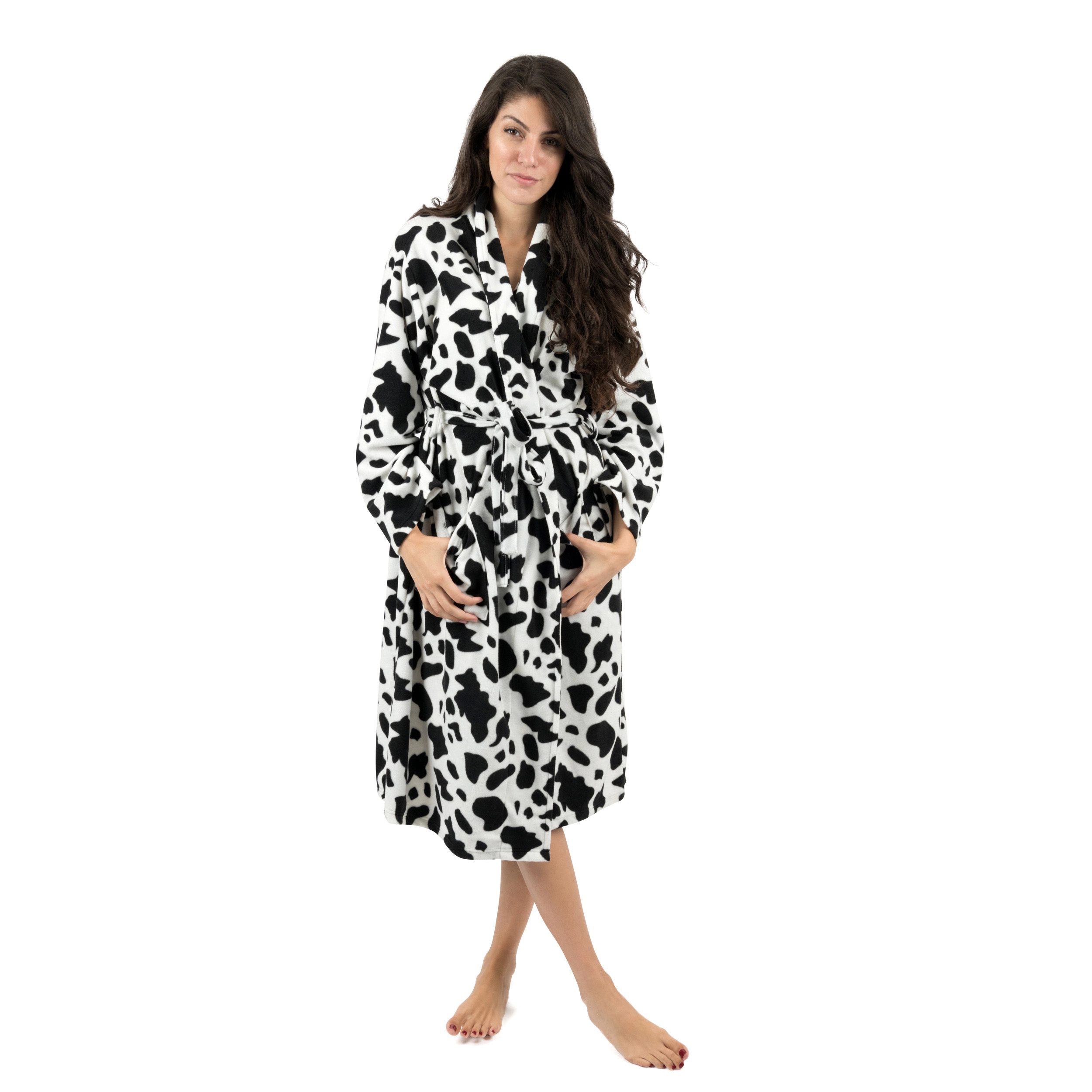 Leveret Womens Black & White Cow Print Micro Fleece Robe
