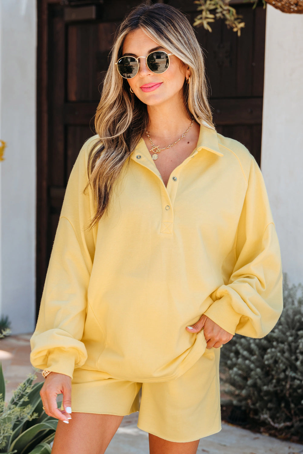 Threaded Pear Women's Kylie Button Collar Drop Shoulder Pullover and Shorts 2pcs Outfit