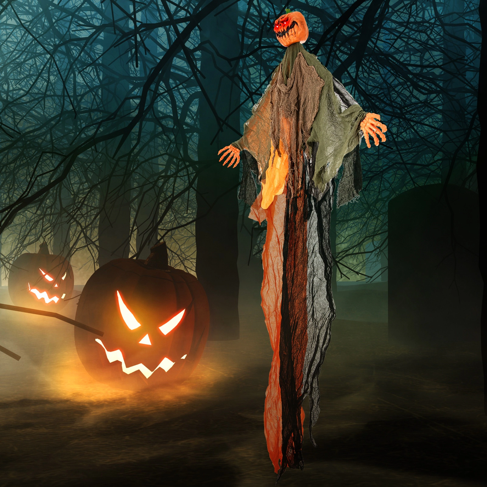SUGIFT Black and Orange 6-ft Hanging Halloween Pumpkin Ghost Decoration with Red LED Eyes and Poseable Arms