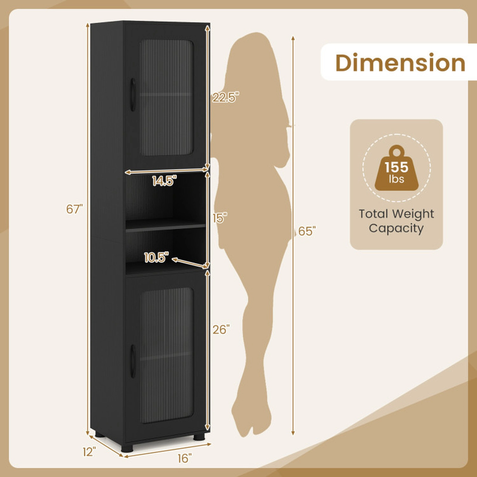 SUGIFT Tall Freestanding Bathroom Storage Cabinet 67-in Organizer 155-lb Capacity Black