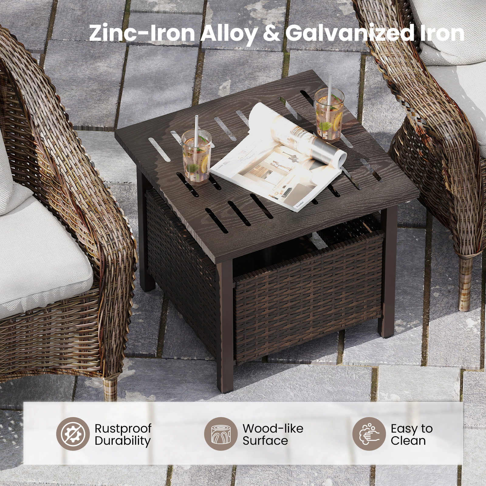 SUGIFT Brown 22-In Square PE Rattan Outdoor Side Table with Umbrella Hole